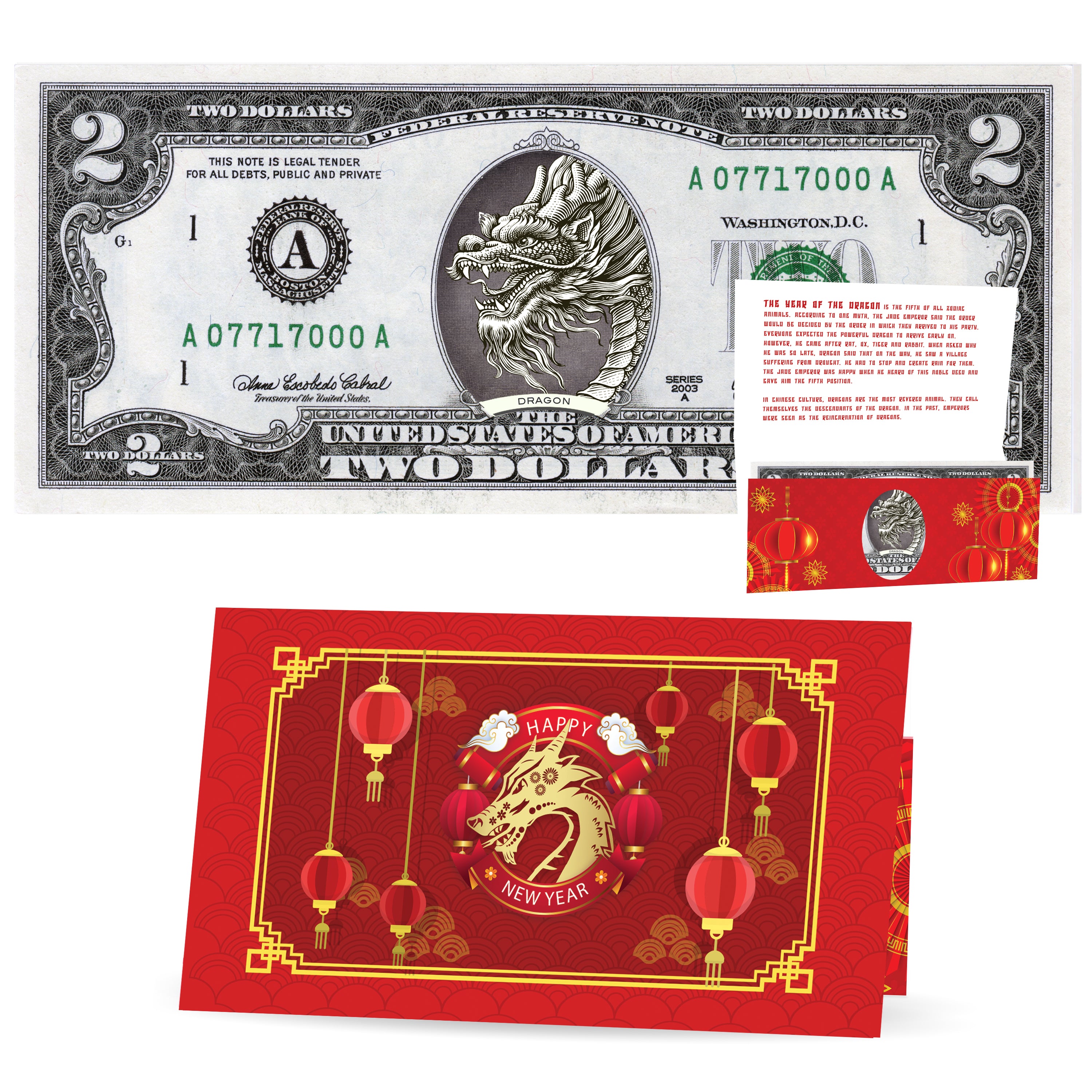 Official Chinese New Year Lucky Dollar: Real 2.0 USD Chinese New Year Money Bankable & Spendable. Year of the Dragon Lucky Red Packet and Envelope.