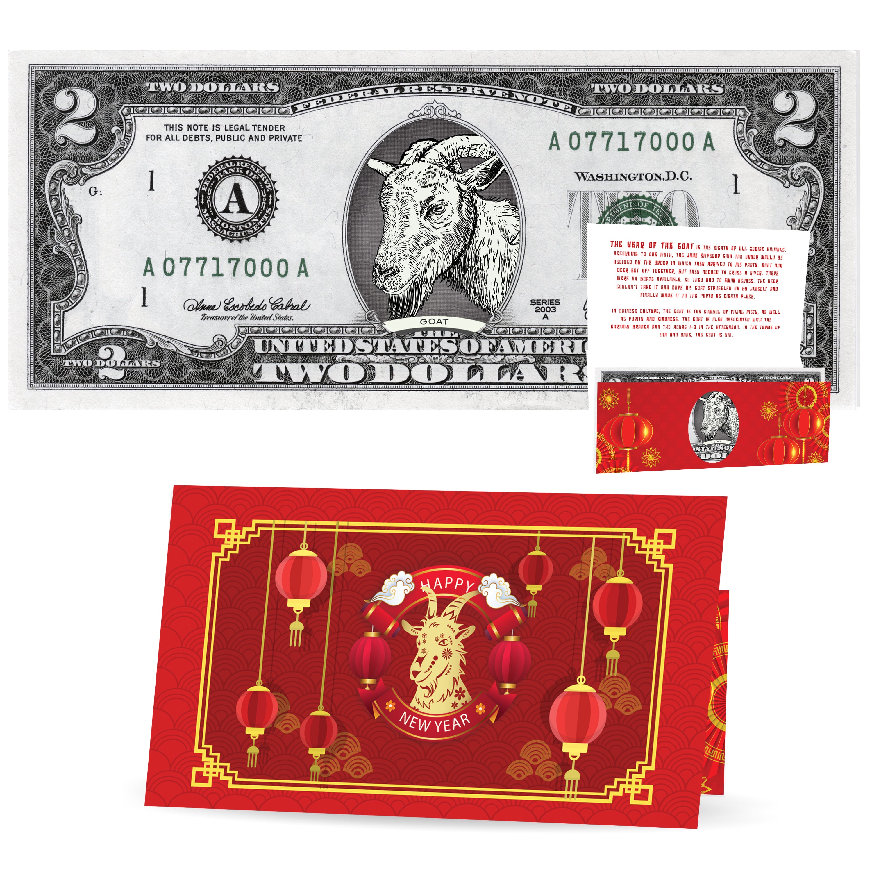 Official Chinese New Year Lucky Dollar: Real 2.0 USD. Bankable & Spendable. Year of the Goat Lucky Red Packet and Envelope