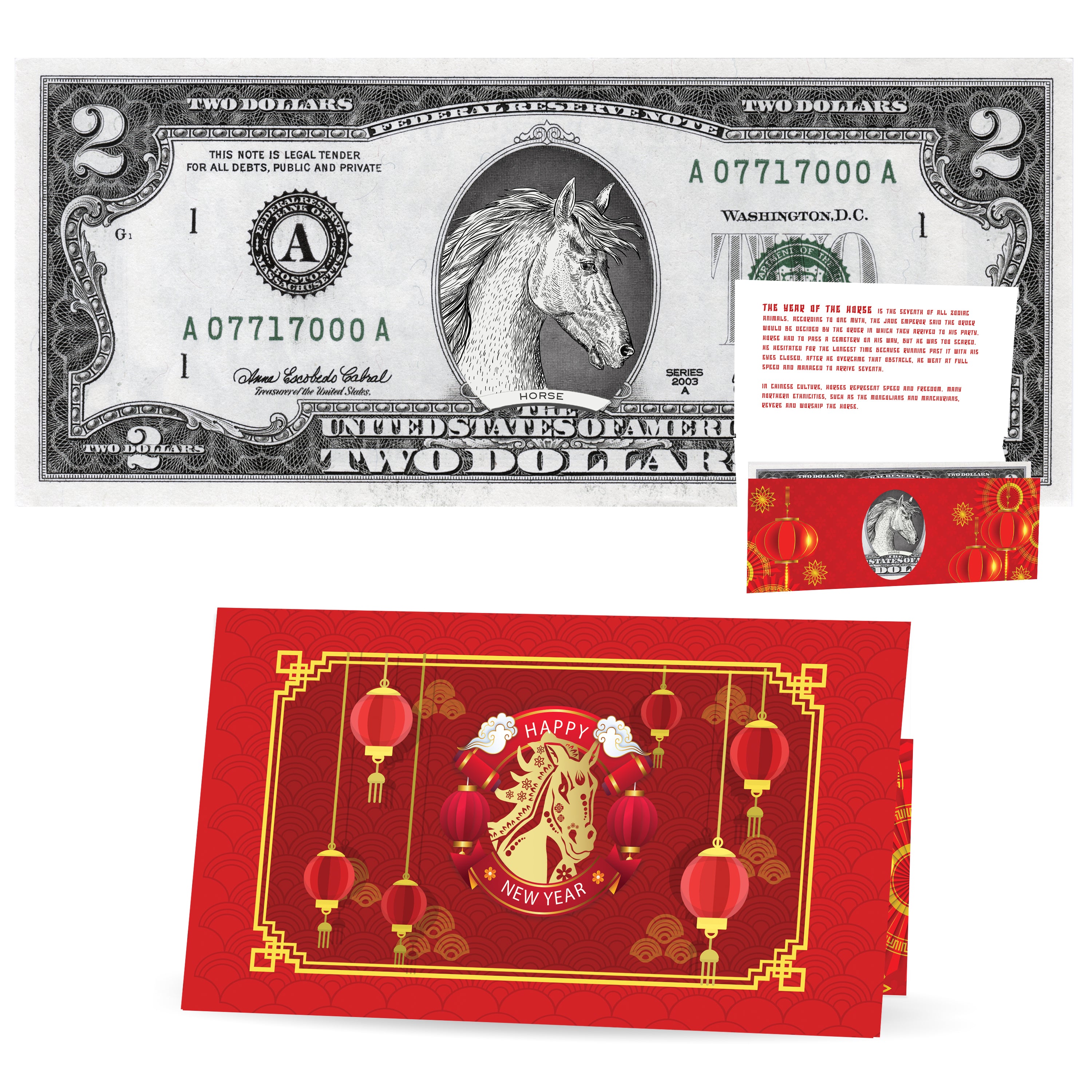 Official Chinese New Year Lucky Dollar: Real 2.0 USD. Bankable & Spendable. Year of the Horse Lucky Red Packet and Envelope