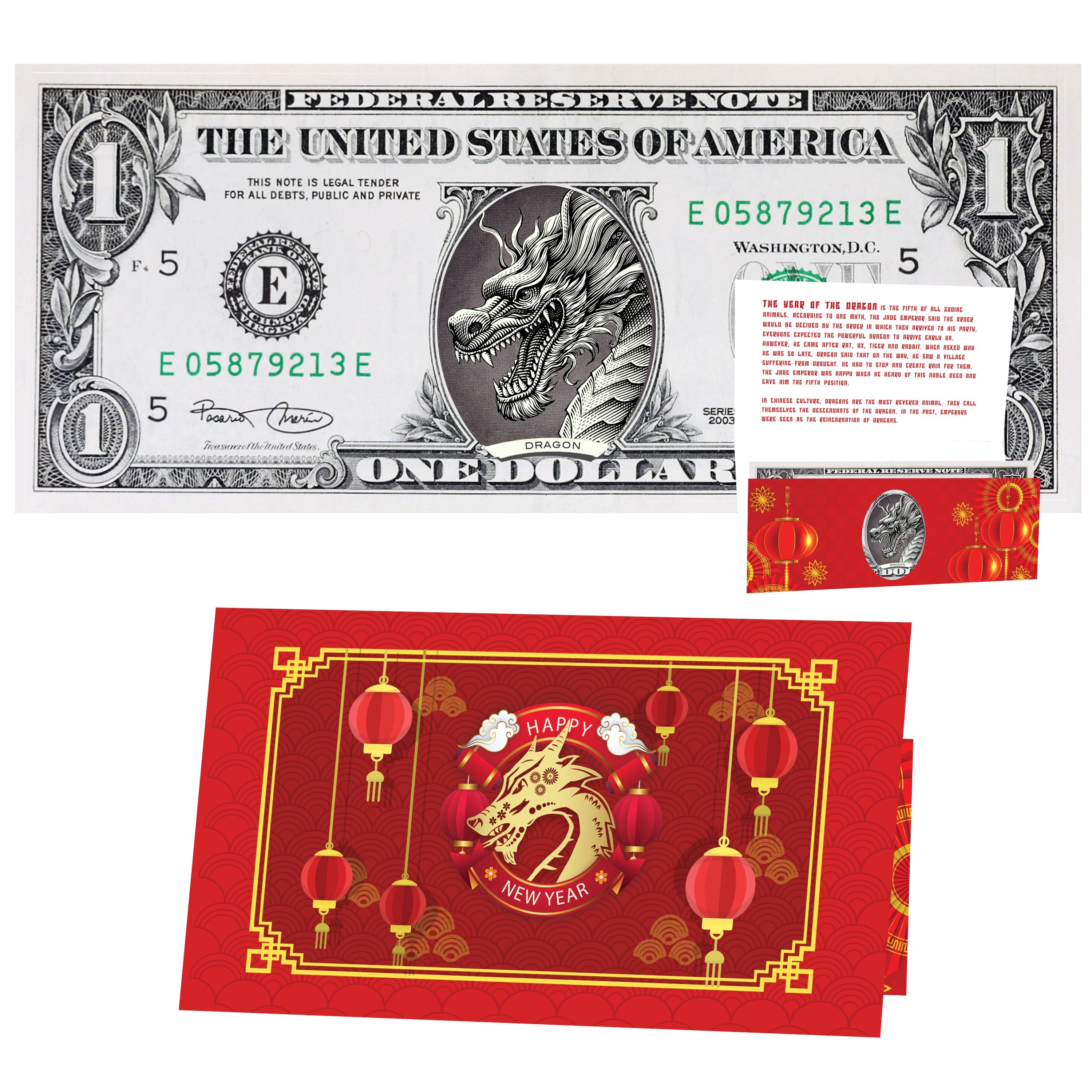 Official Chinese New Year Lucky Dollar: Real 1.0 USD Chinese New Year Money Bankable & Spendable. Year of the Dragon Lucky Red Packet and Envelope.