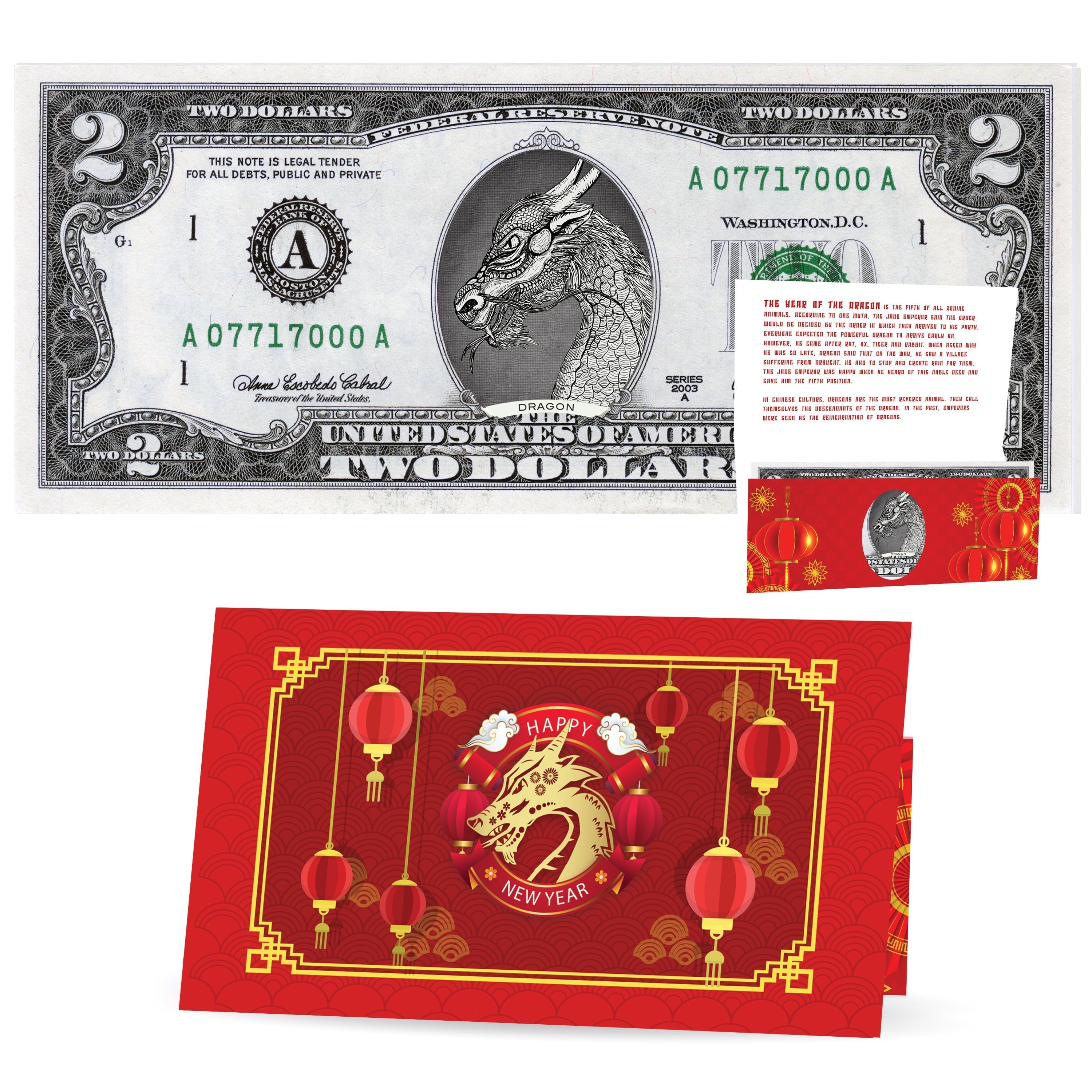 Official Chinese New Year Lucky Dollar V5: Real 2.0 USD Chinese New Year Money Bankable & Spendable. Year of the Dragon Lucky Red Packet and Envelope.