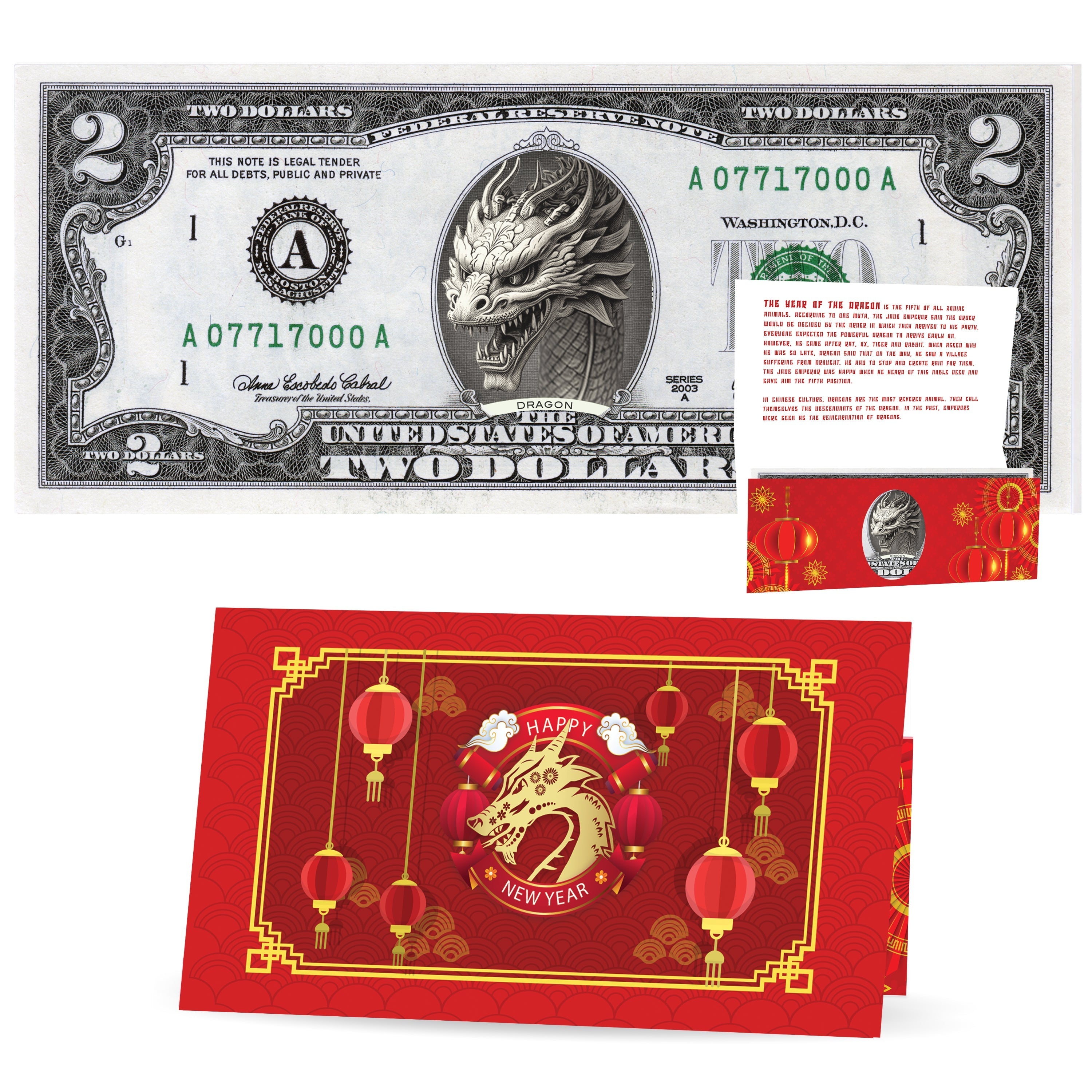 Official Chinese New Year Lucky Dollar V4: Real 2.0 USD Chinese New Year Money Bankable & Spendable. Year of the Dragon Lucky Red Packet and Envelope.