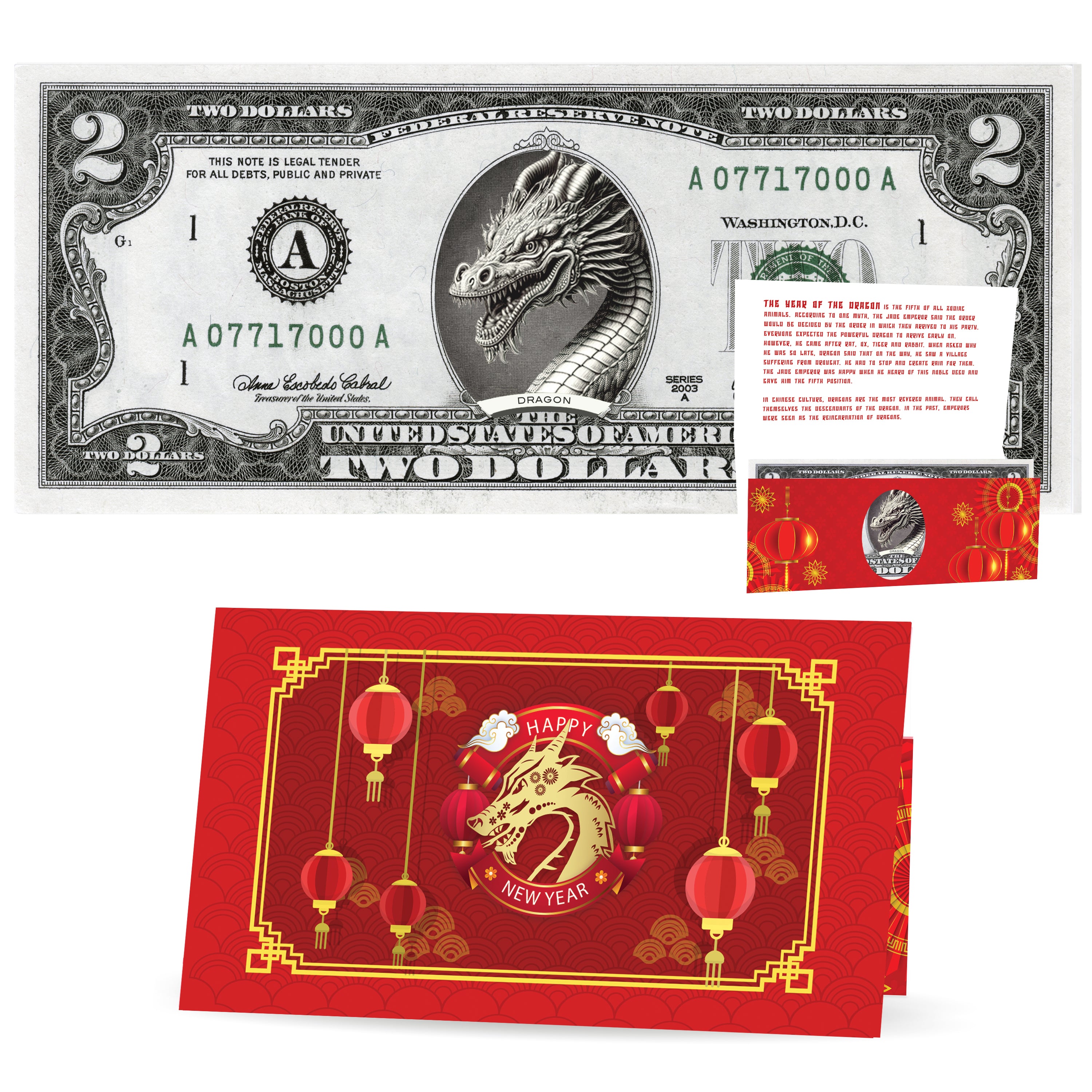 Official Chinese New Year Lucky Dollar: Real 2.0 USD Chinese New Year Money Bankable & Spendable. Year of the Dragon Lucky Red Packet and Envelope.