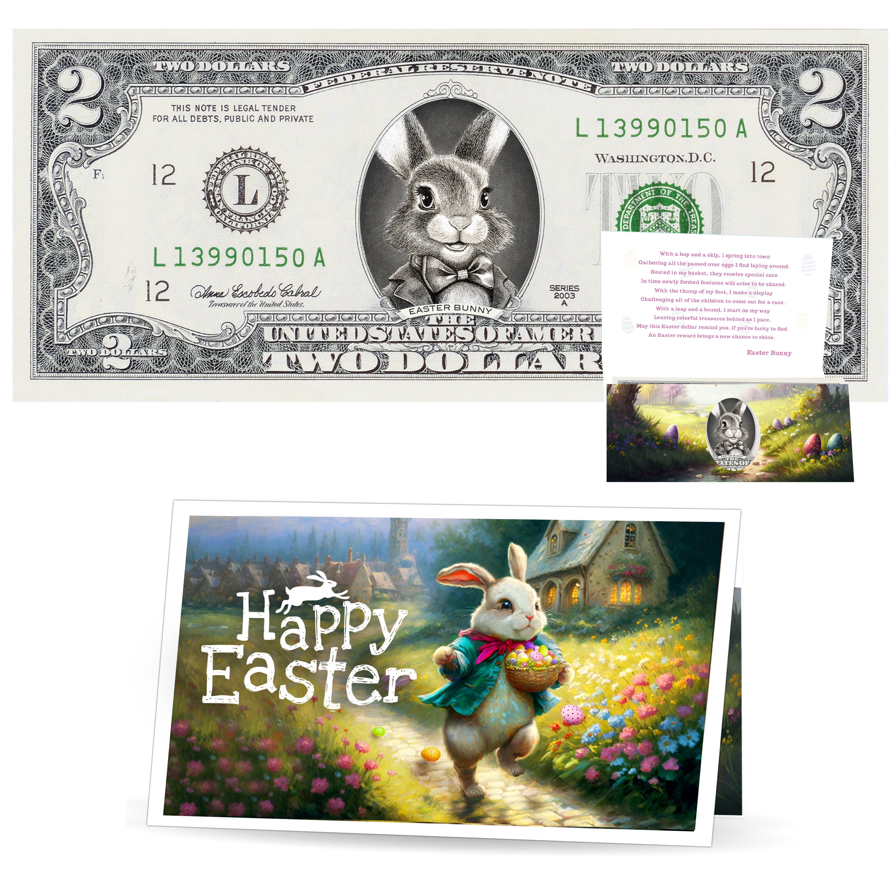The Official Easter Bunny Dollar Bill. Real 2.0 USD. Each Bill Comes with an Easter Card and Currency Holder. Easter Basket Stuffer/Filler. Bunny Bucks - Bunny Money