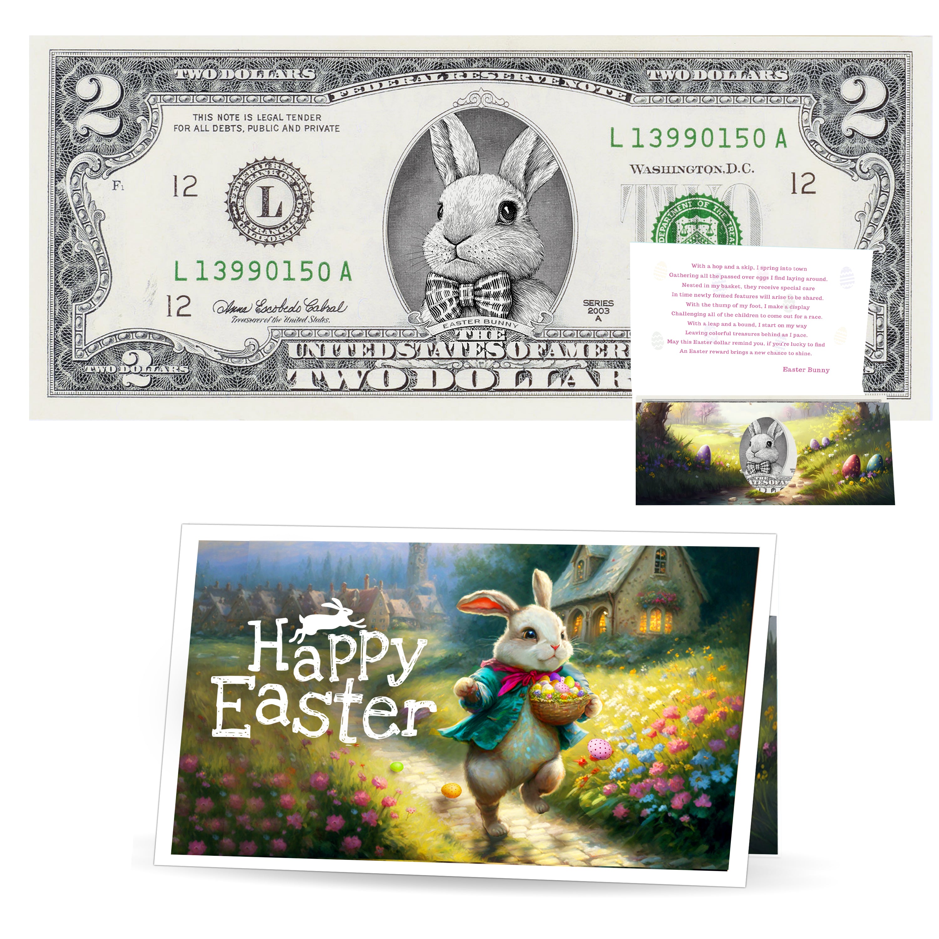 The Official Easter Bunny Dollar Bill. Real 2.0 USD. Each Bill Comes with an Easter Card and Currency Holder. Easter Basket Stuffer/Filler. Bunny Bucks - Bunny Money