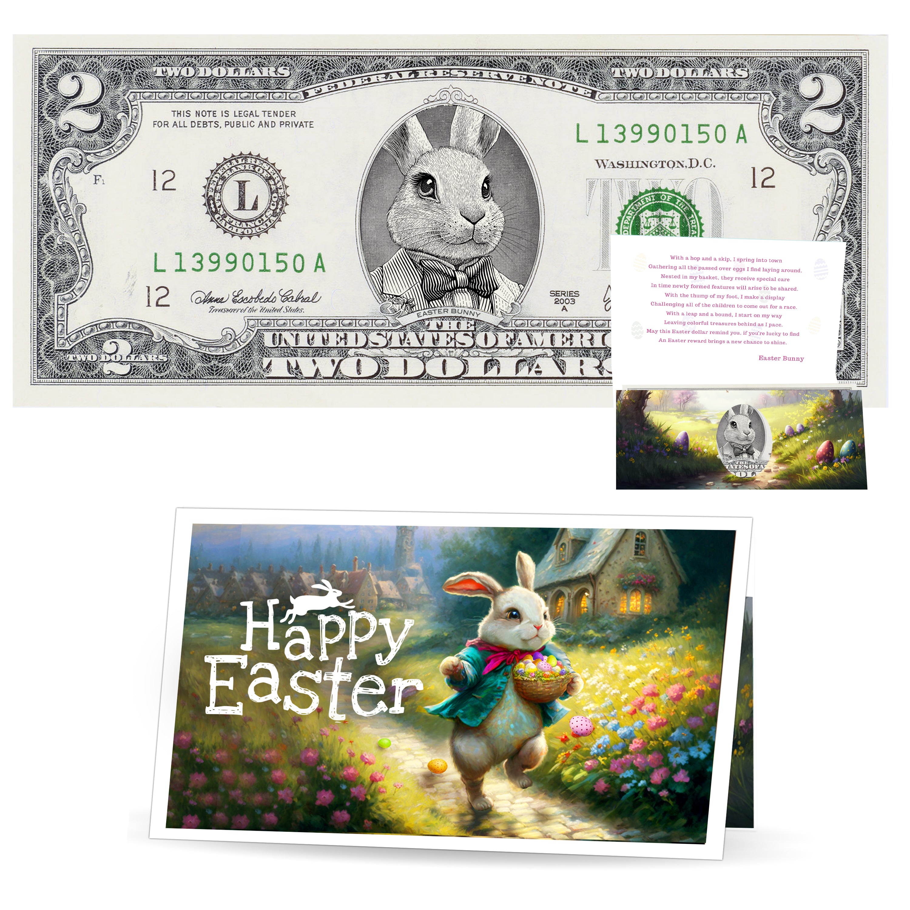 The Official Easter Bunny Dollar Bill. Real 2.0 USD. Each Bill Comes with an Easter Card and Currency Holder. Easter Basket Stuffer/Filler. Bunny Bucks - Bunny Money