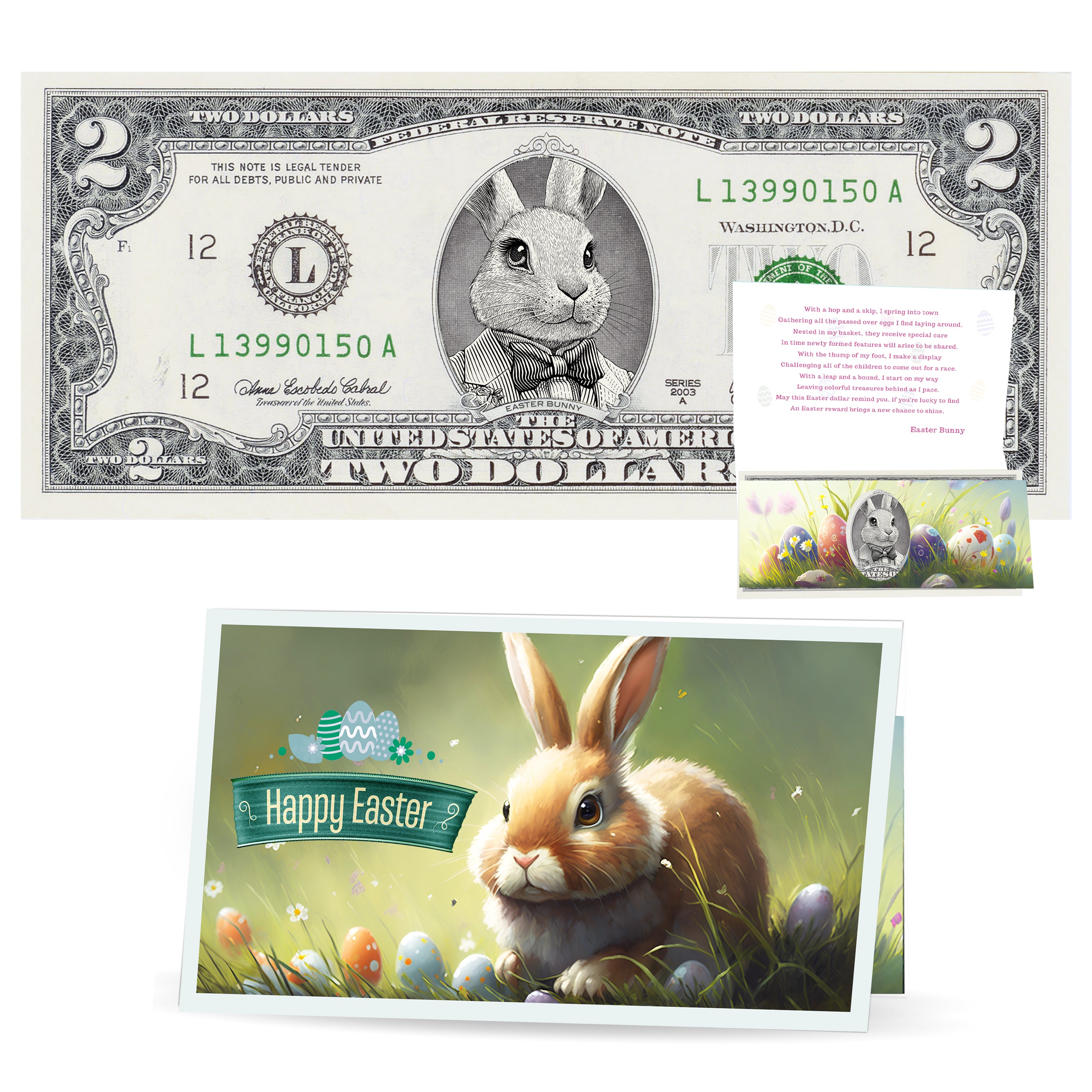 The Official Easter Bunny Dollar Bill. Real 2.0 USD V6 White Bunny with Bow. Each Bill Comes with an Easter Card and Currency Holder. Easter Basket Stuffer/Filler. Bunny Buck - Bunny Money