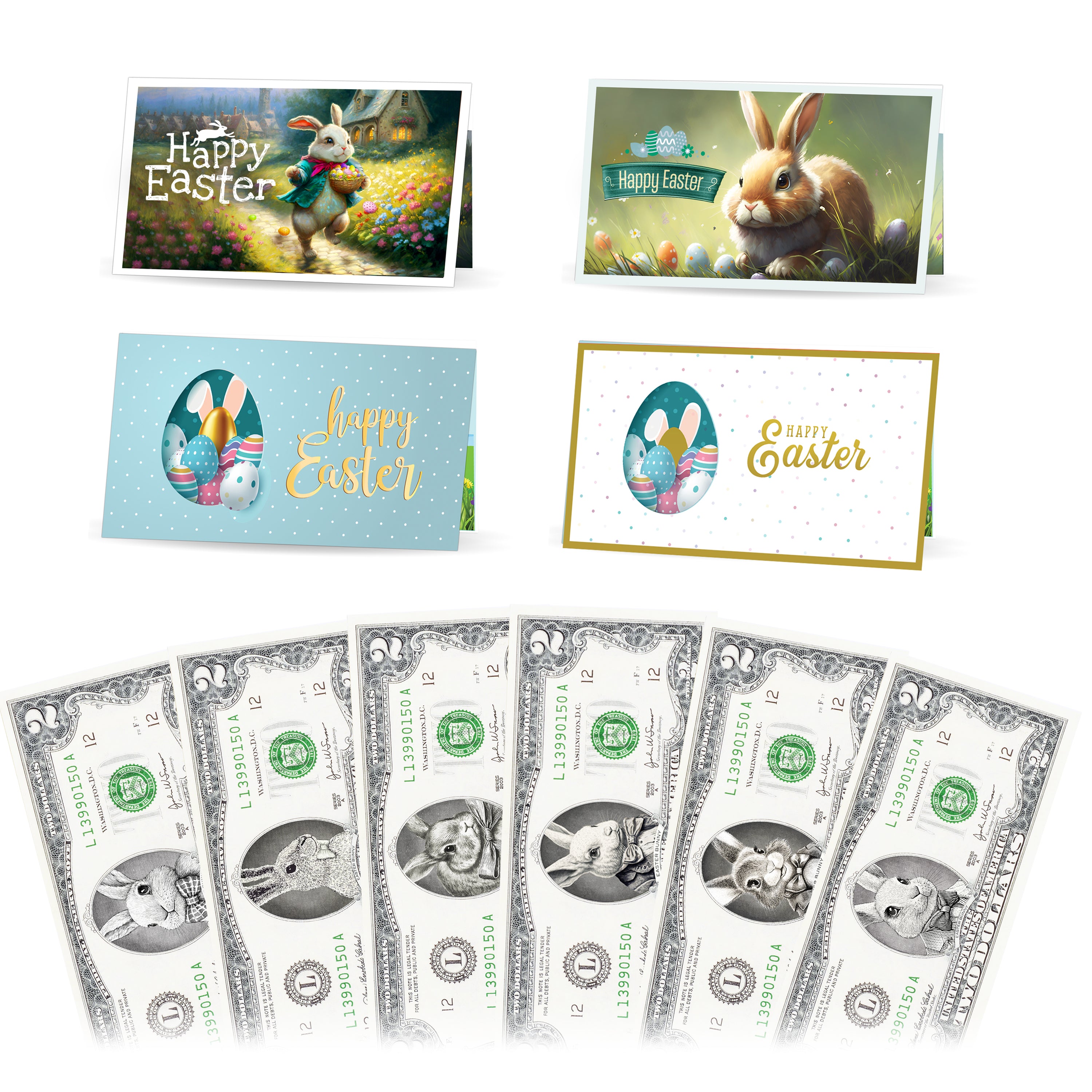 Easter Dollar Bills 2.0 All Easter Bunny Variety Pack with  Various Easter Card Types. Bills and Cards Included in Each
