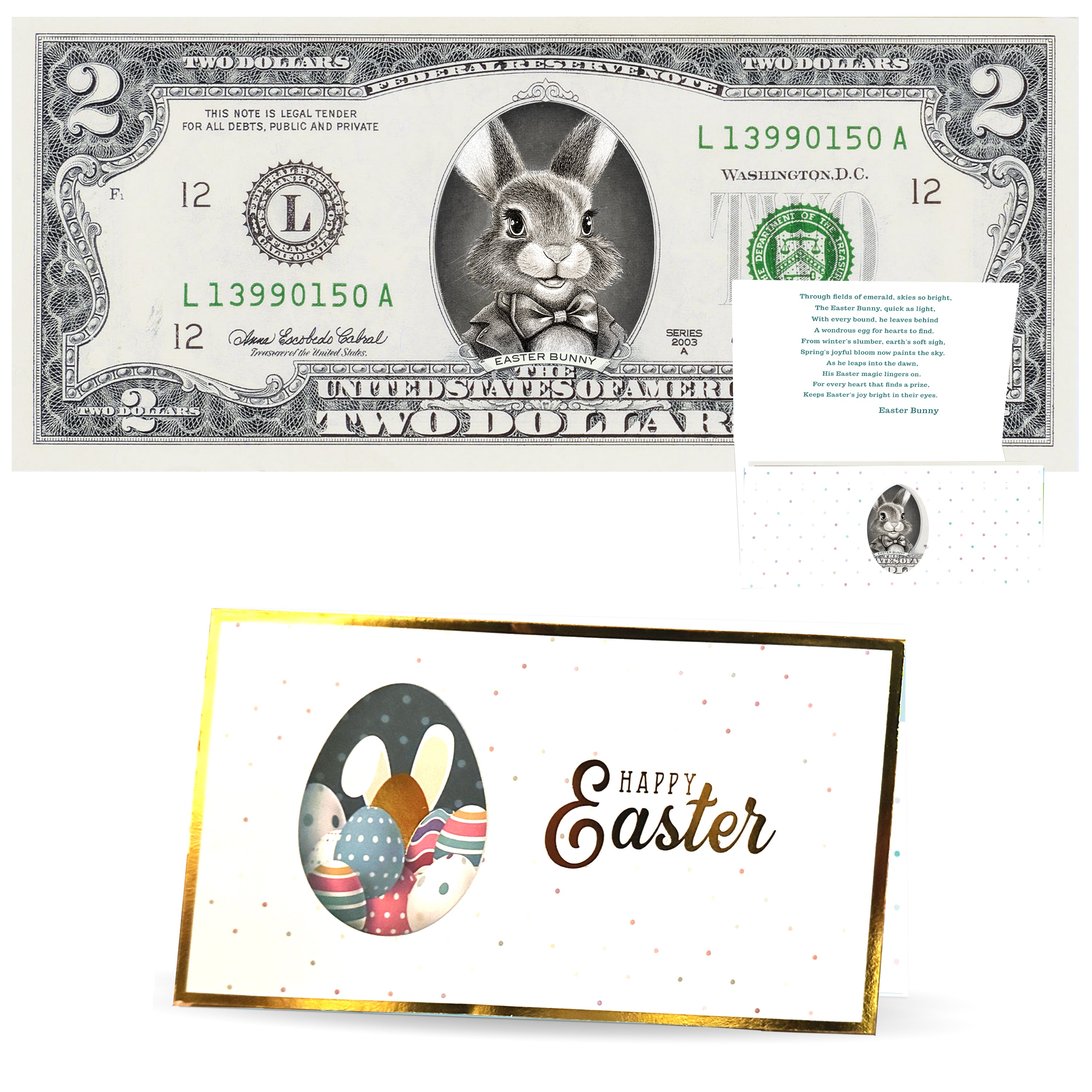 The Official Easter Bunny Dollar Bill. Real 2.0 USD V6 White Bunny with Bow. Each Bill Comes with an Easter Card and Currency Holder. Easter Basket Stuffer/Filler. Bunny Buck - Bunny Money