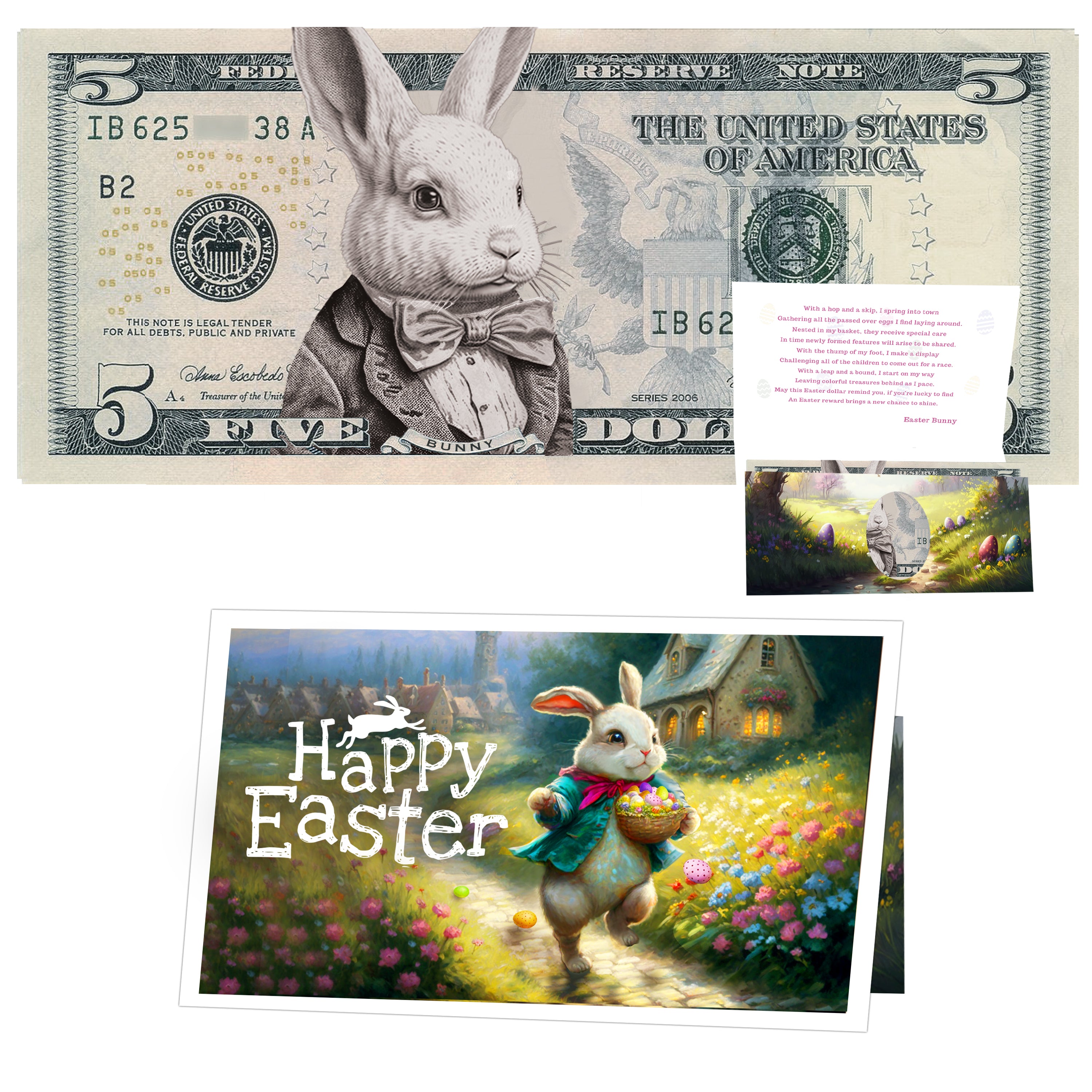 The Official Easter Bunny Dollar Bill with Easter Greeting Card Currency Holder. Real 5.0 USD. Bankable & Spendable. Easter Basket Stuffer/Filler. Bunny Bucks - Bunny Money