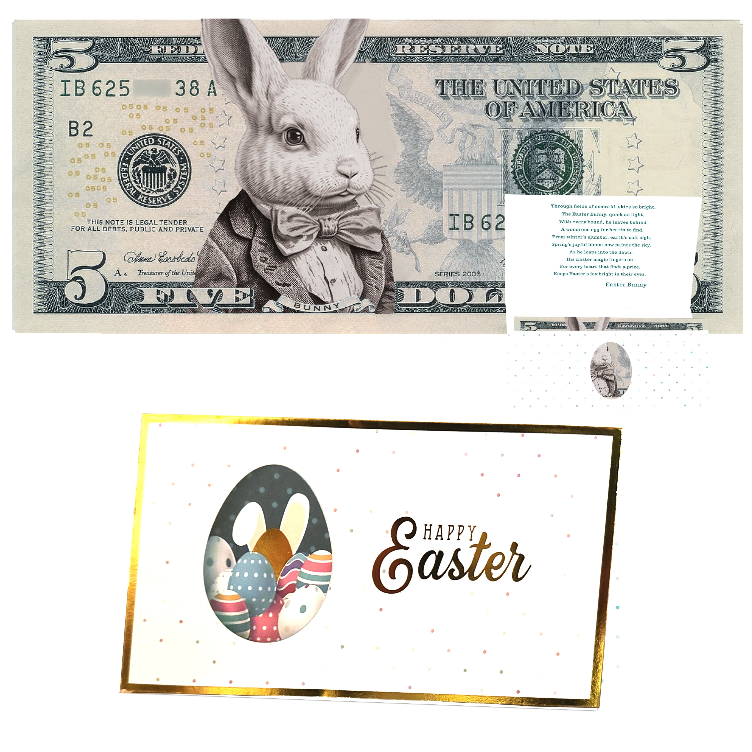 The Official Easter Bunny Dollar Bill with Easter Greeting Card Currency Holder. Real 5.0 USD. Bankable & Spendable. Easter Basket Stuffer/Filler. Bunny Bucks - Bunny Money