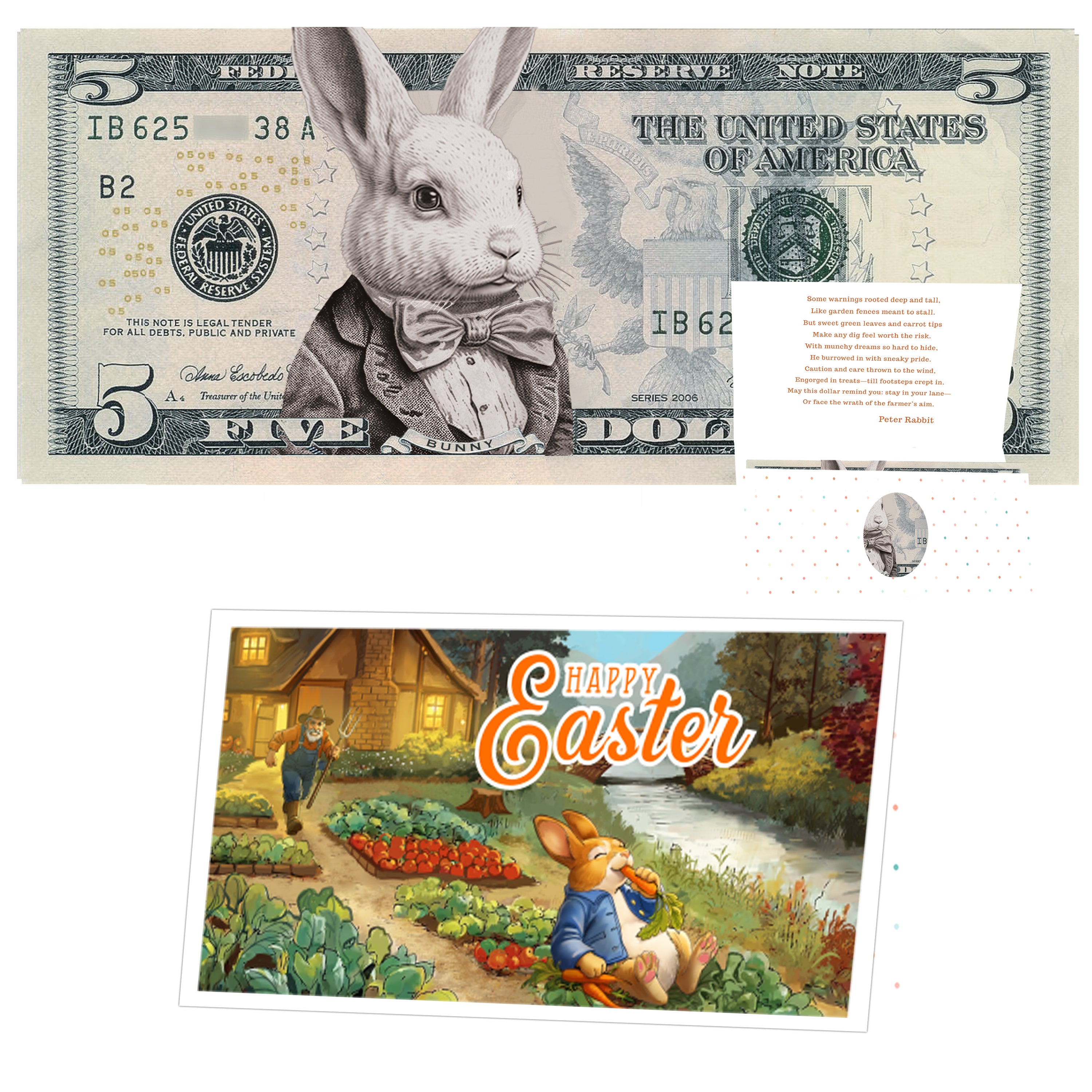 The Official Easter Bunny Dollar Bill with Easter Greeting Card Currency Holder. Real 5.0 USD. Bankable & Spendable. Easter Basket Stuffer/Filler. Bunny Bucks - Bunny Money