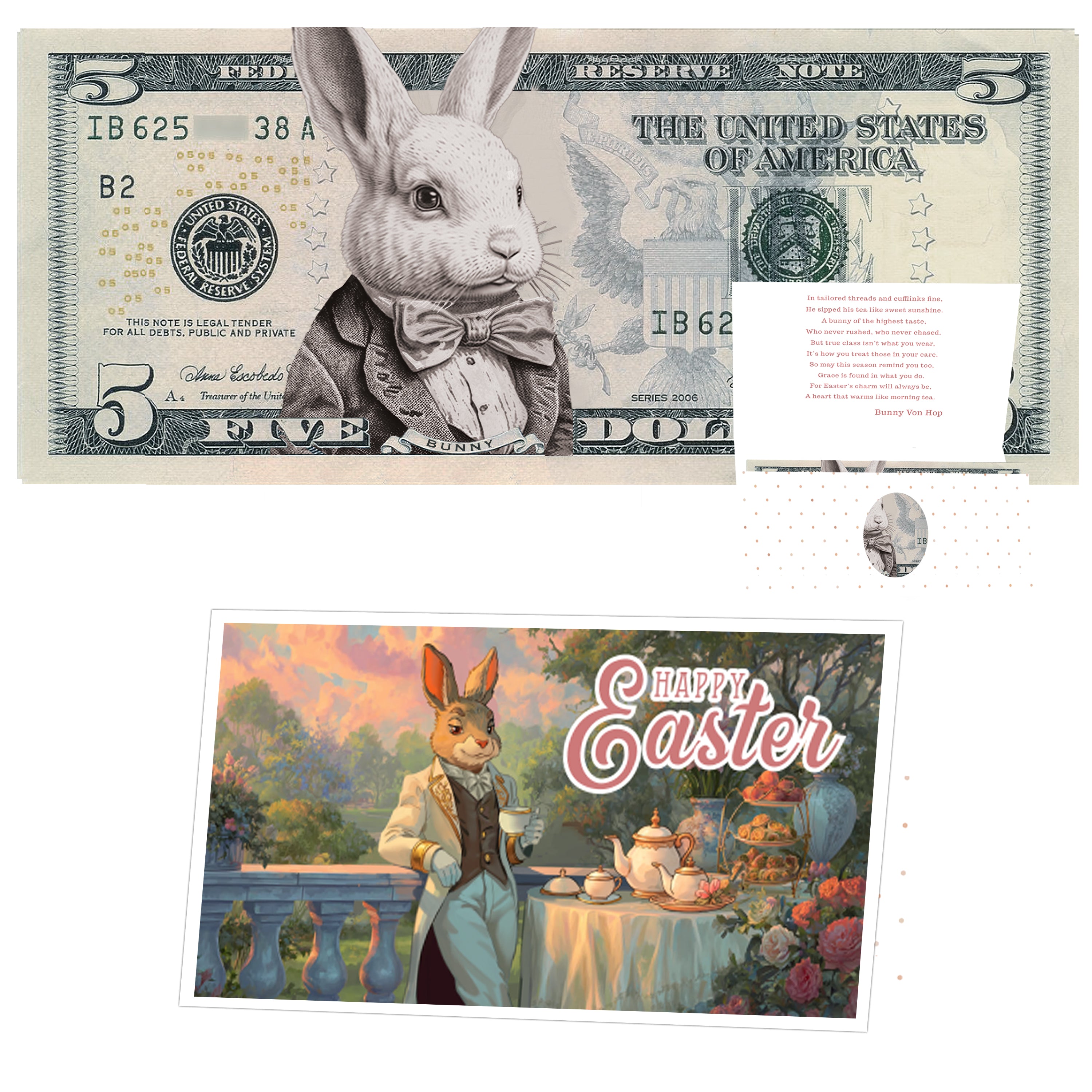 The Official Easter Bunny Dollar Bill with Easter Greeting Card Currency Holder. Real 5.0 USD. Bankable & Spendable. Easter Basket Stuffer/Filler. Bunny Bucks - Bunny Money