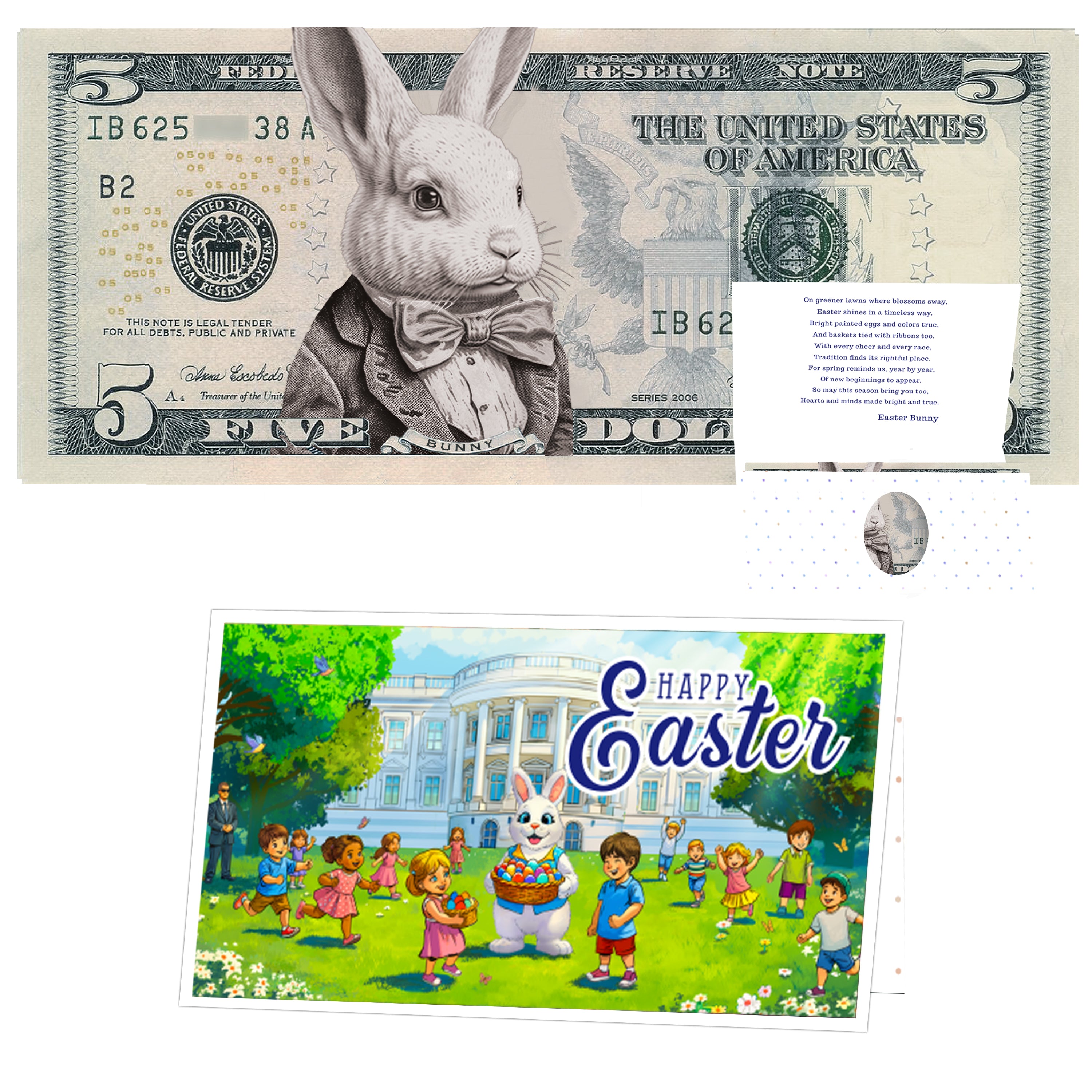 The Official Easter Bunny Dollar Bill with Easter Greeting Card Currency Holder. Real 5.0 USD. Bankable & Spendable. Easter Basket Stuffer/Filler. Bunny Bucks - Bunny Money