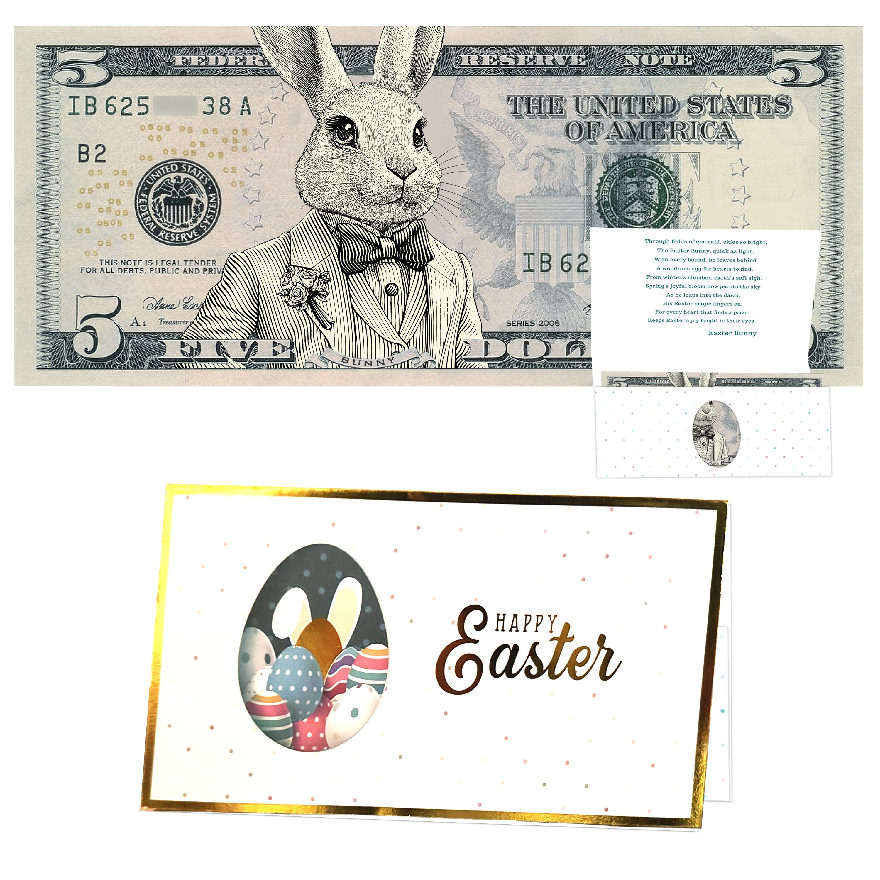 The Official Easter Bunny Dollar Bill with Easter Greeting Card Currency Holder. Real 5.0 USD. Bankable & Spendable. Easter Basket Stuffer/Filler. Bunny Bucks - Bunny Money