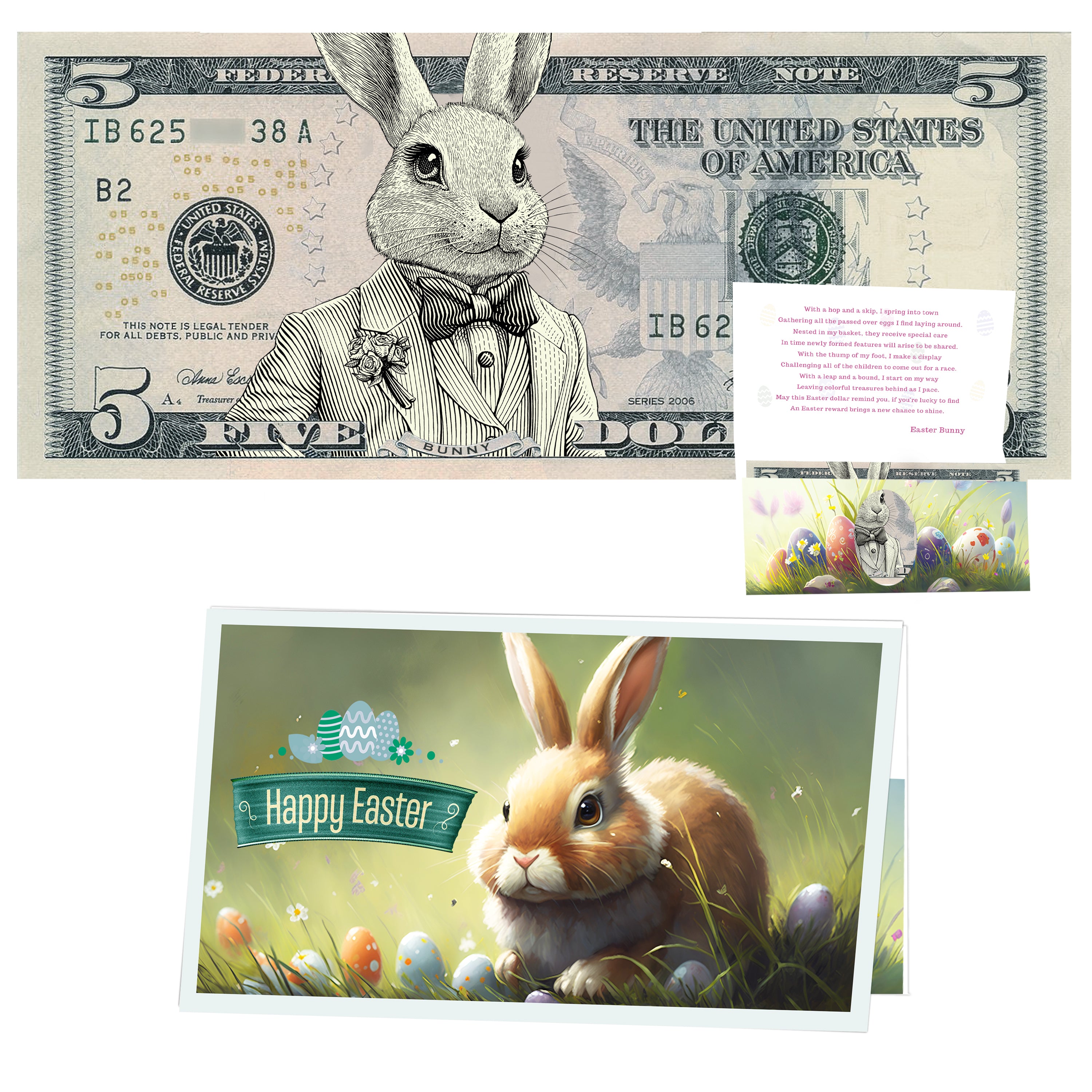The Official Easter Bunny Dollar Bill with Easter Greeting Card Currency Holder. Real 5.0 USD. Bankable & Spendable. Easter Basket Stuffer/Filler. Bunny Bucks - Bunny Money