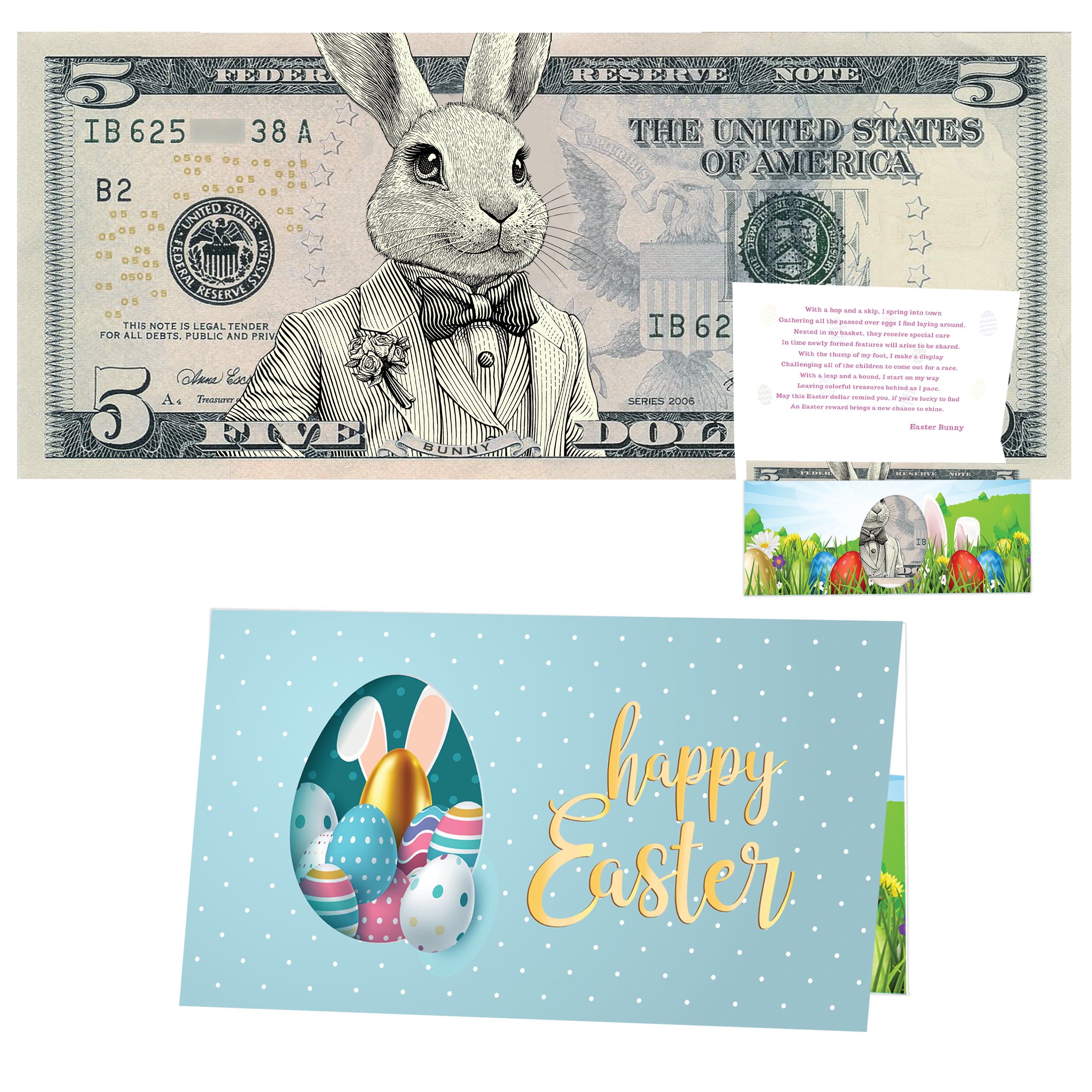 The Official Easter Bunny Dollar Bill with Easter Greeting Card Currency Holder. Real 5.0 USD. Bankable & Spendable. Easter Basket Stuffer/Filler. Bunny Bucks - Bunny Money