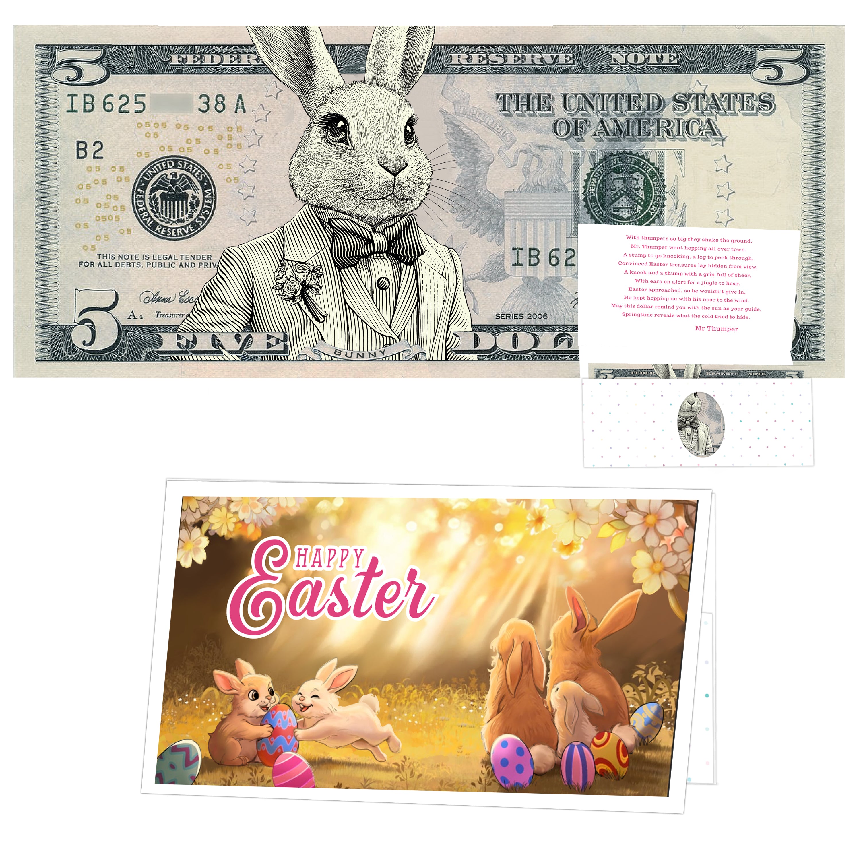 The Official Easter Bunny Dollar Bill with Easter Greeting Card Currency Holder. Real 5.0 USD. Bankable & Spendable. Easter Basket Stuffer/Filler. Bunny Bucks - Bunny Money