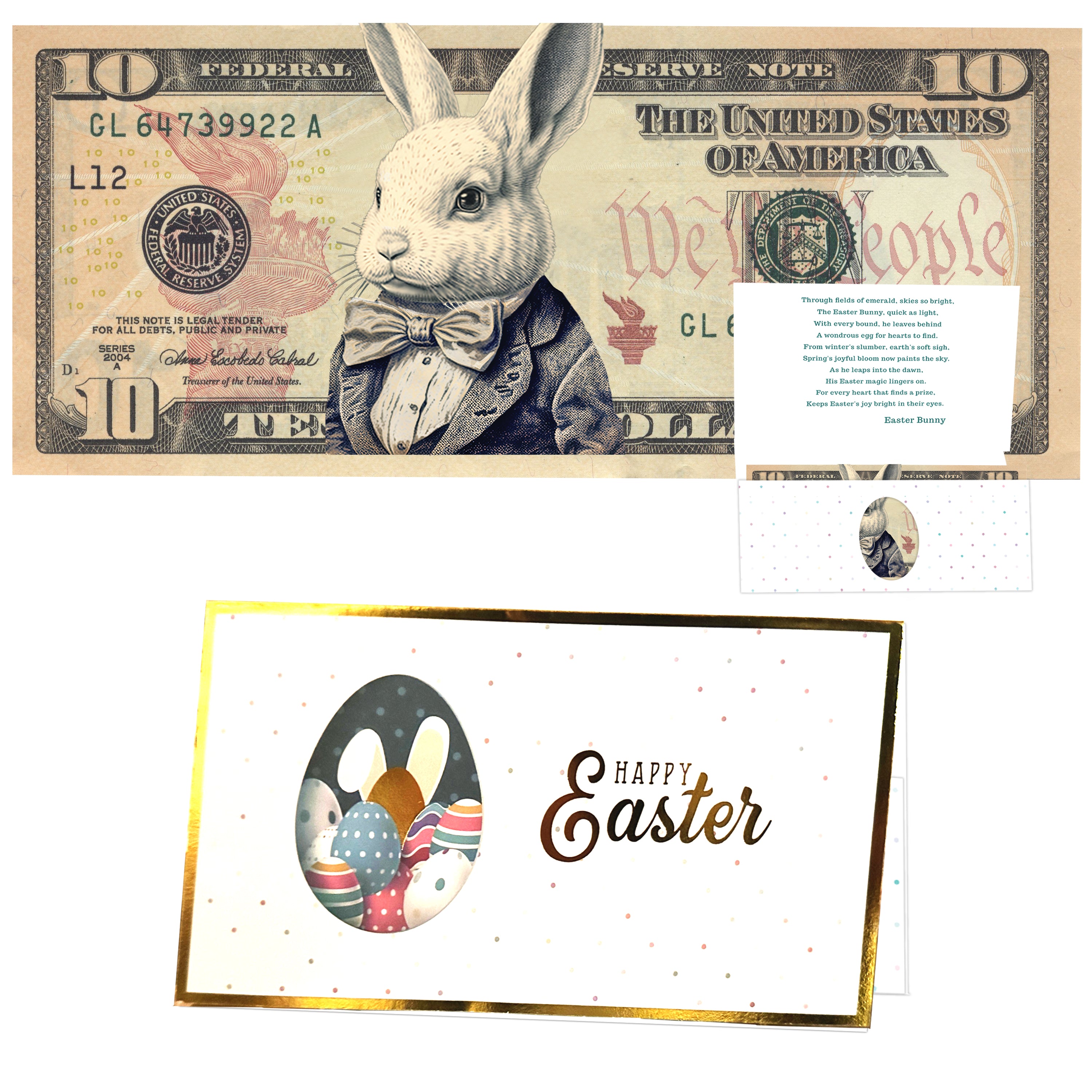 The Official Easter Bunny Dollar Bill with Easter Greeting Card Currency Holder. Real 10.0 USD. Bankable & Spendable. Easter Basket Stuffer/Filler. Bunny Bucks - Bunny Money