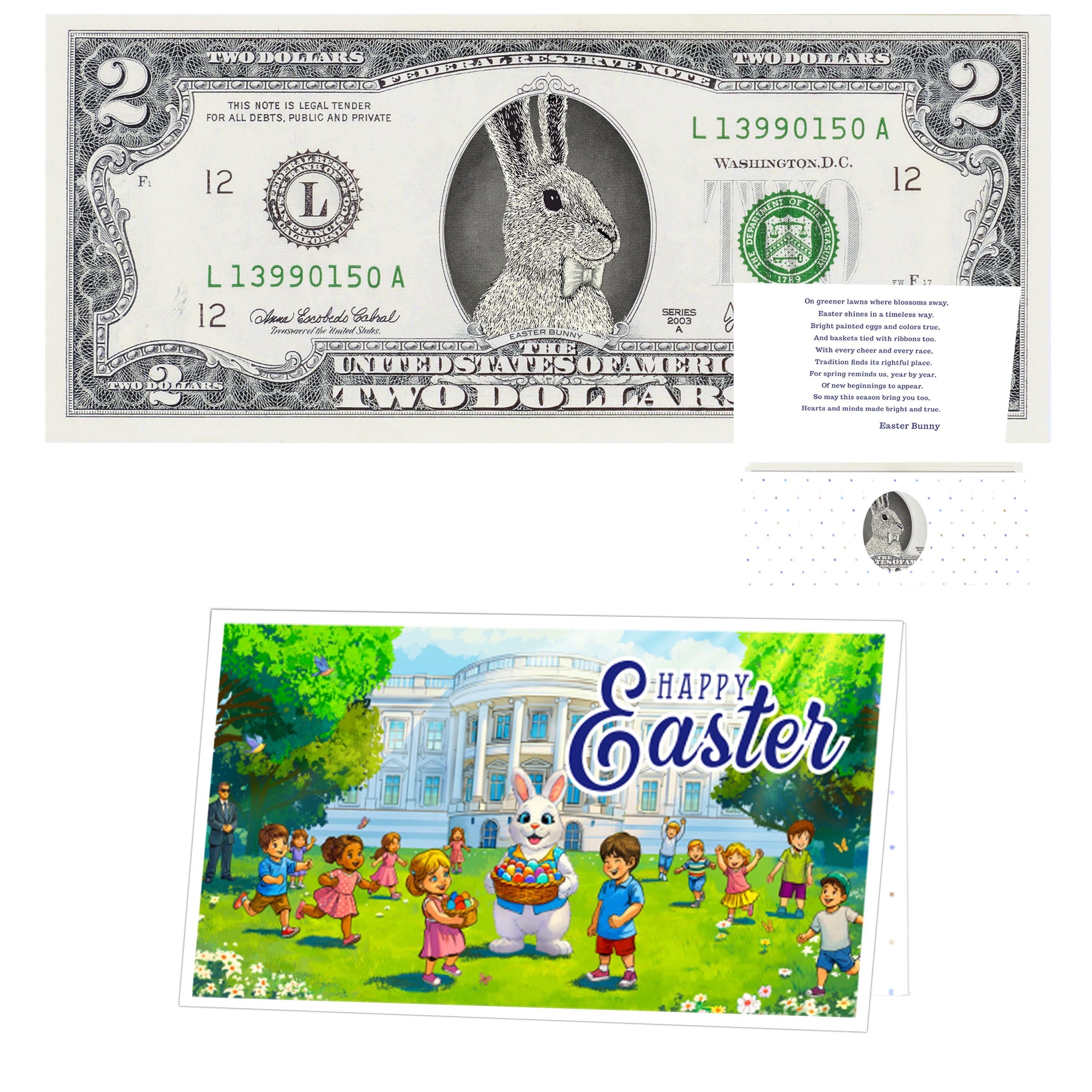 The Official Easter Bunny Dollar Bill. Real 2.0 USD. Each Bill Comes with an Easter Card and Currency Holder. Easter Basket Stuffer/Filler. Bunny Bucks - Bunny Money