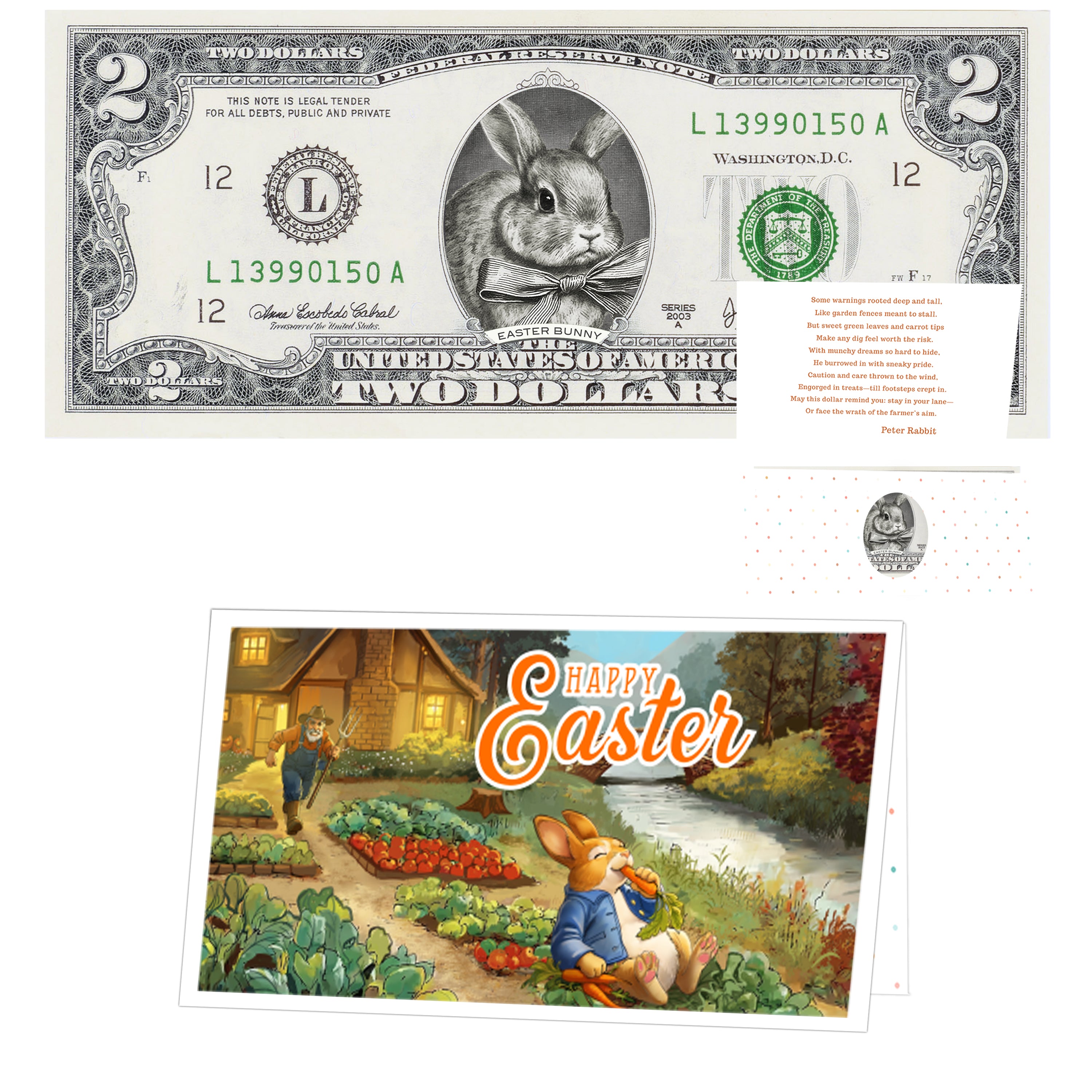 The Official Easter Bunny Dollar Bill. Real 2.0 USD. Each Bill Comes with an Easter Card and Currency Holder. Easter Basket Stuffer/Filler. Bunny Bucks - Bunny Money