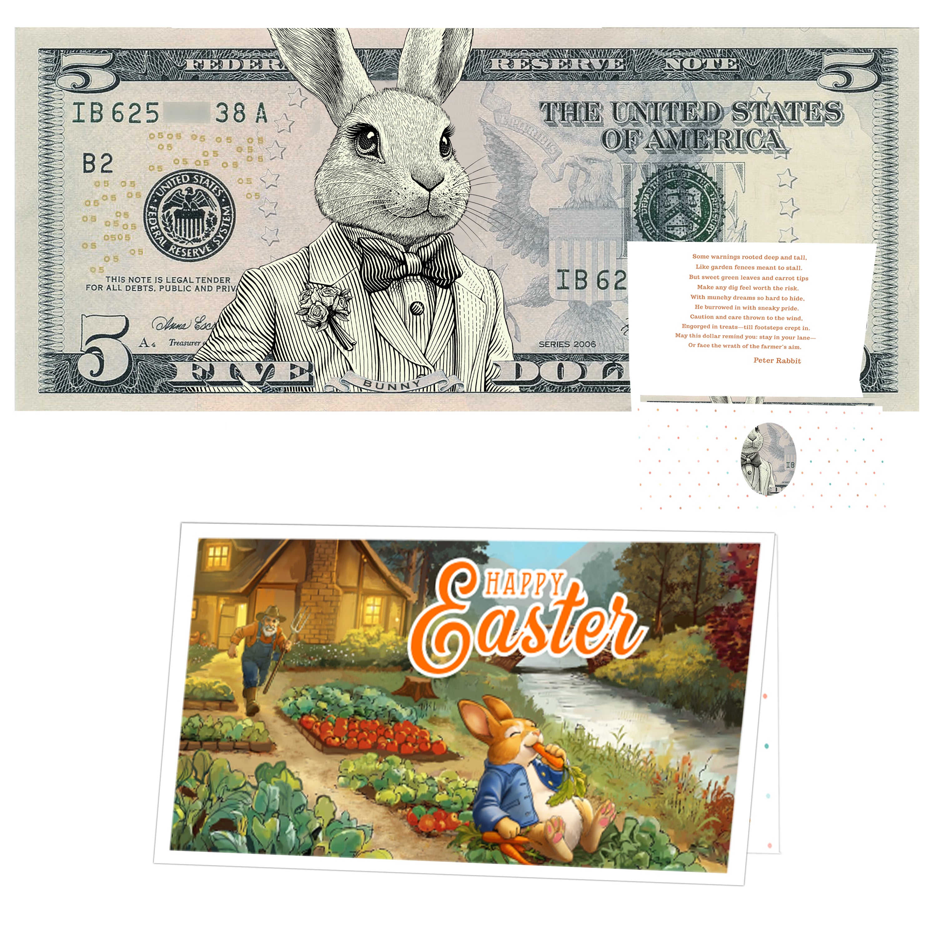 The Official Easter Bunny Dollar Bill with Easter Greeting Card Currency Holder. Real 5.0 USD. Bankable & Spendable. Easter Basket Stuffer/Filler. Bunny Bucks - Bunny Money