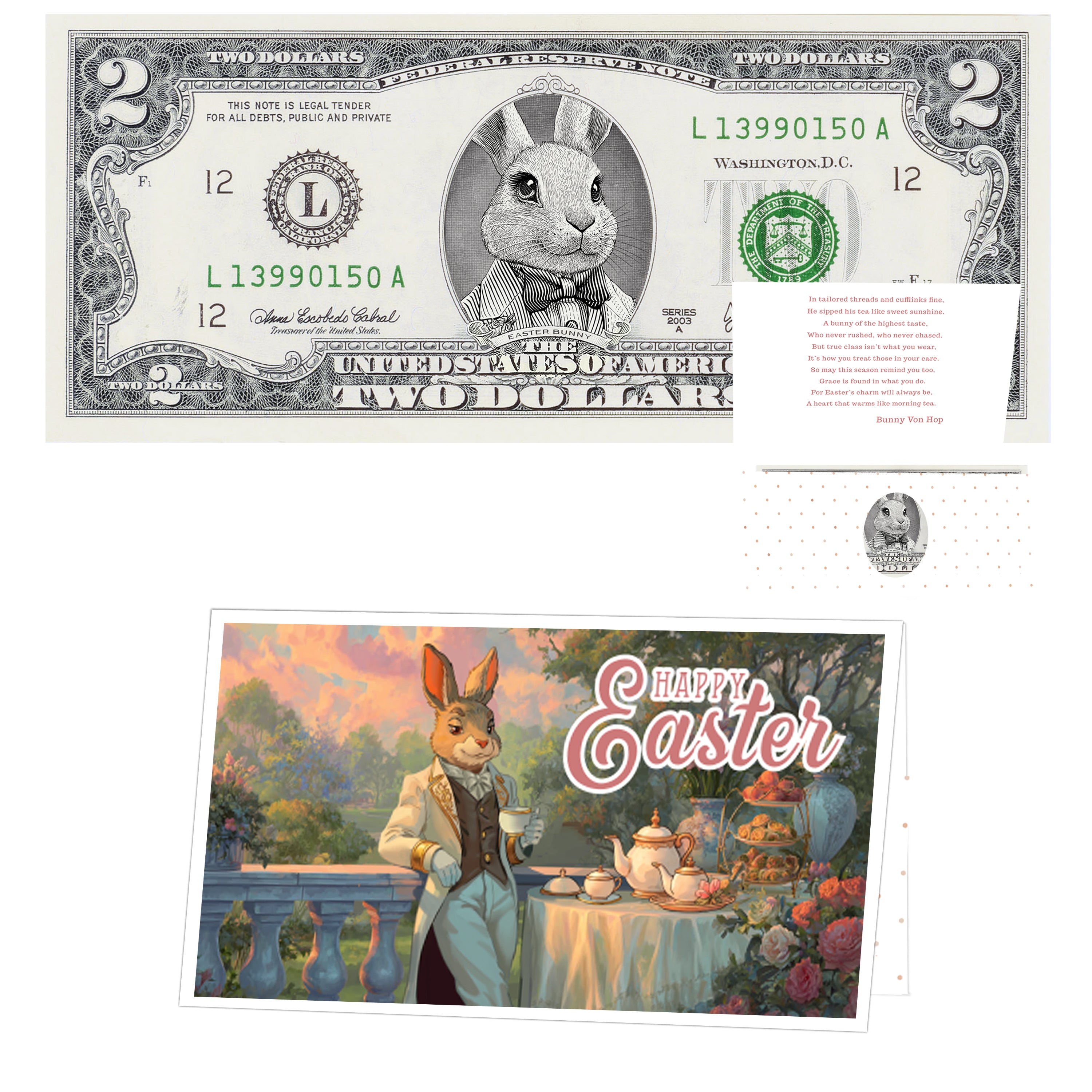 The Official Easter Bunny Dollar Bill. Real 2.0 USD. Each Bill Comes with an Easter Card and Currency Holder. Easter Basket Stuffer/Filler. Bunny Bucks - Bunny Money