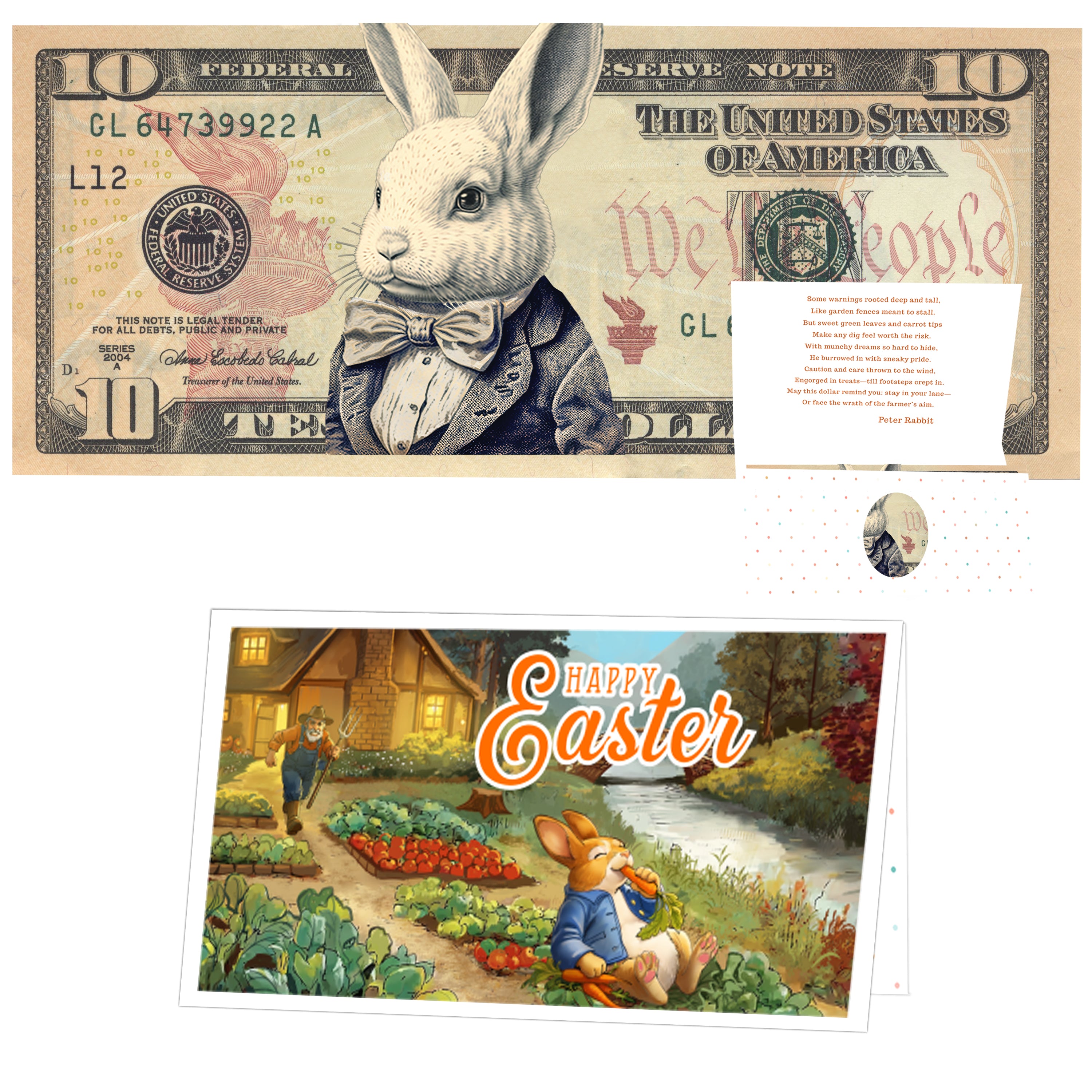 The Official Easter Bunny Dollar Bill with Easter Greeting Card Currency Holder. Real 10.0 USD. Bankable & Spendable. Easter Basket Stuffer/Filler. Bunny Bucks - Bunny Money