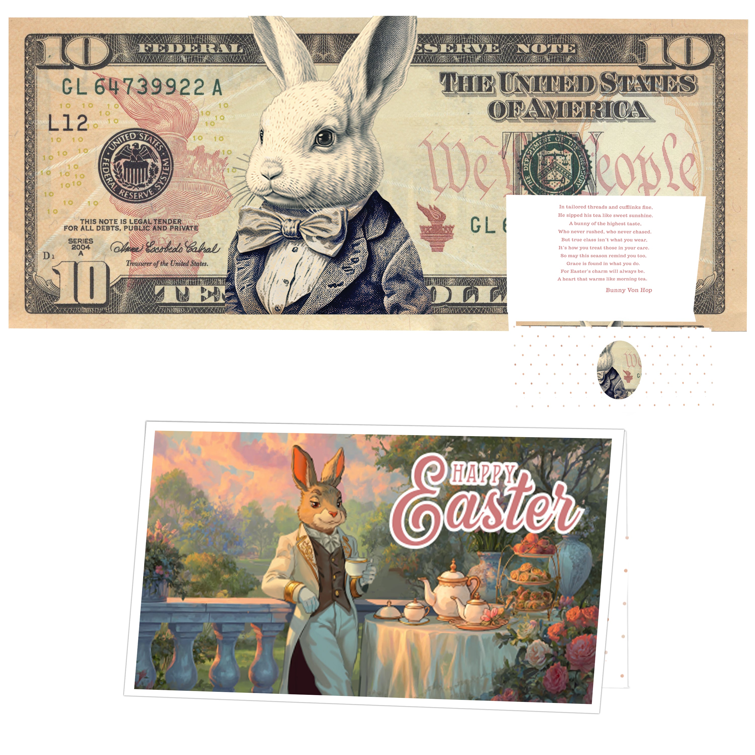The Official Easter Bunny Dollar Bill with Easter Greeting Card Currency Holder. Real 10.0 USD. Bankable & Spendable. Easter Basket Stuffer/Filler. Bunny Bucks - Bunny Money