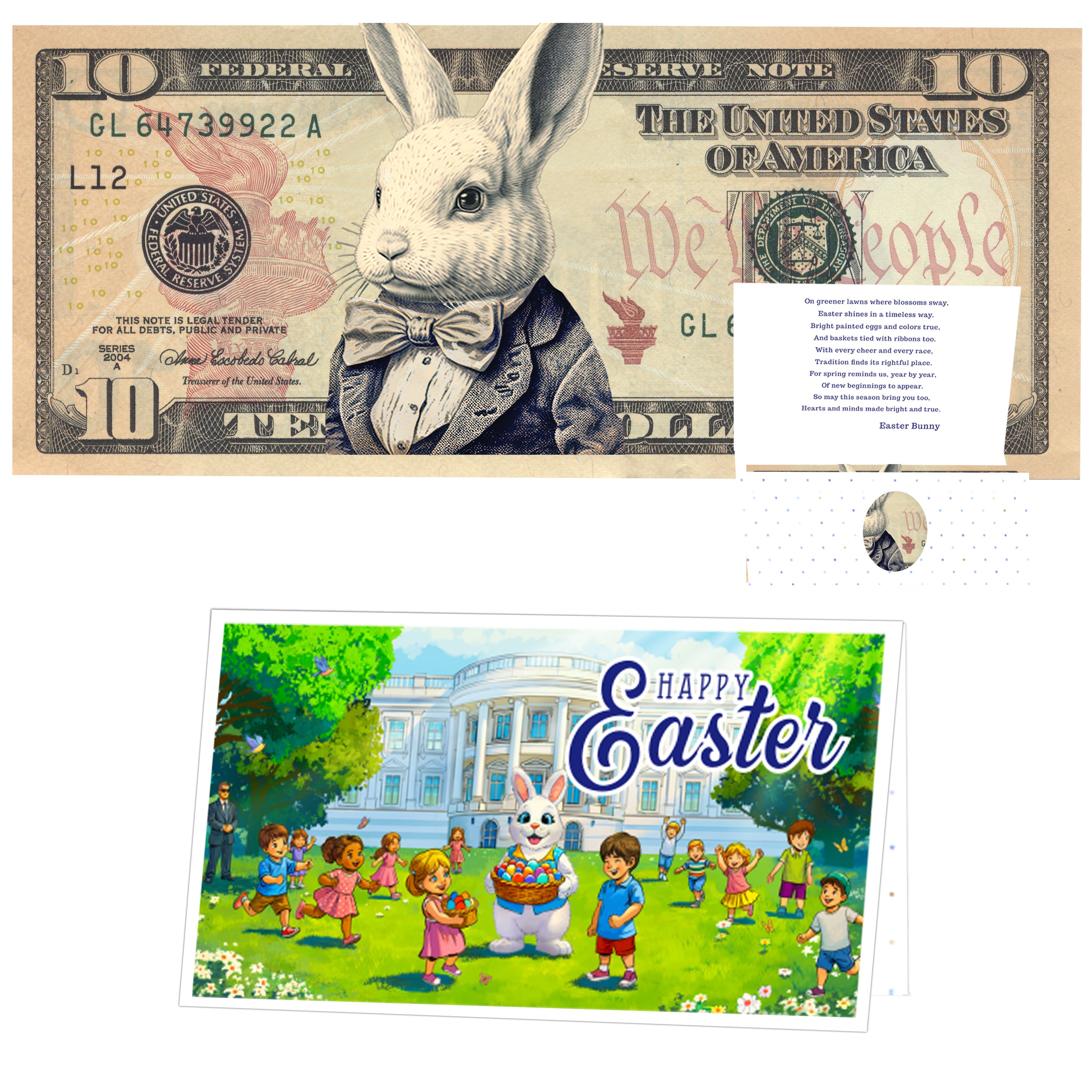The Official Easter Bunny Dollar Bill with Easter Greeting Card Currency Holder. Real 10.0 USD. Bankable & Spendable. Easter Basket Stuffer/Filler. Bunny Bucks - Bunny Money