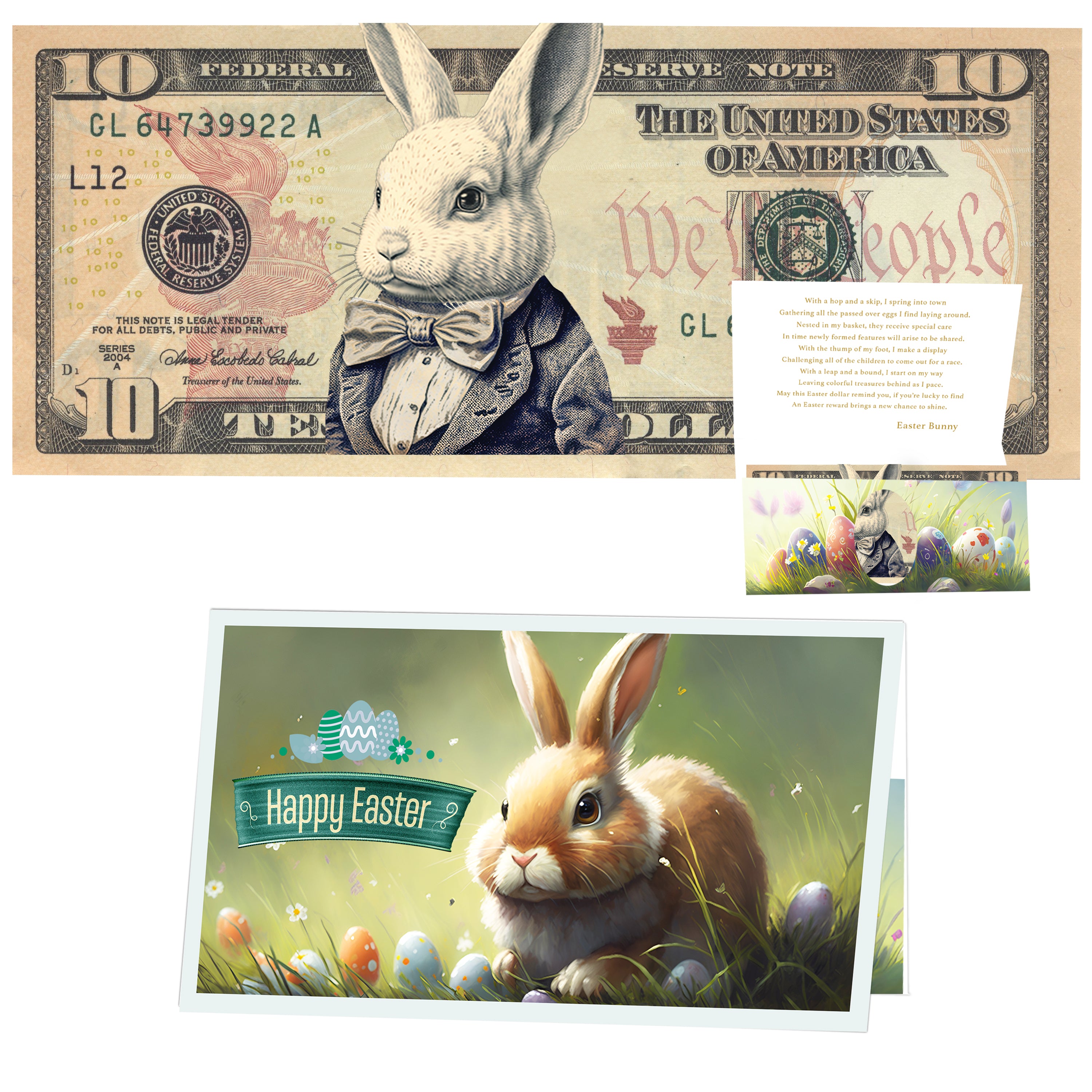 The Official Easter Bunny Dollar Bill with Easter Greeting Card Currency Holder. Real 10.0 USD. Bankable & Spendable. Easter Basket Stuffer/Filler. Bunny Bucks - Bunny Money