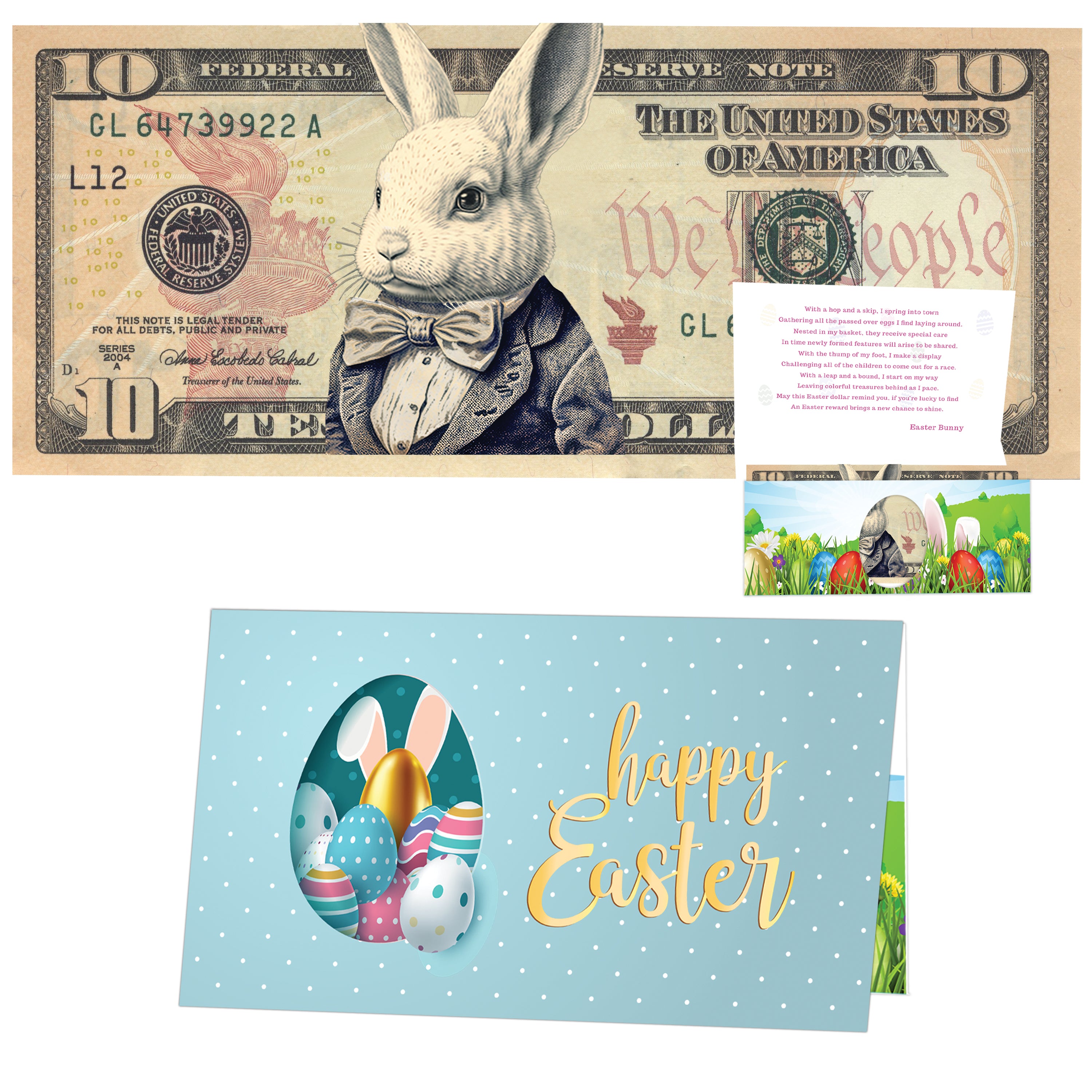 The Official Easter Bunny Dollar Bill with Easter Greeting Card Currency Holder. Real 10.0 USD. Bankable & Spendable. Easter Basket Stuffer/Filler. Bunny Bucks - Bunny Money