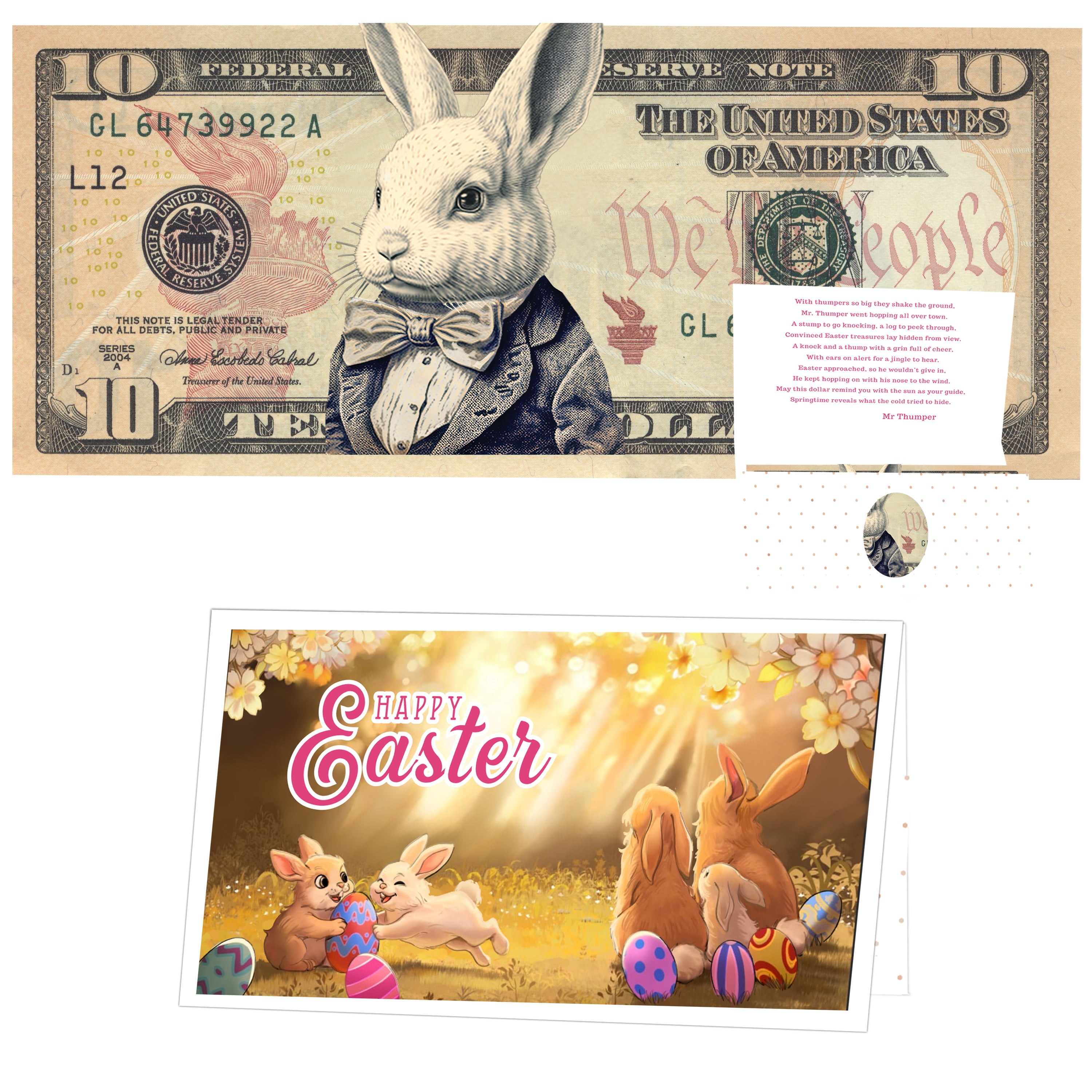 The Official Easter Bunny Dollar Bill with Easter Greeting Card Currency Holder. Real 10.0 USD. Bankable & Spendable. Easter Basket Stuffer/Filler. Bunny Bucks - Bunny Money