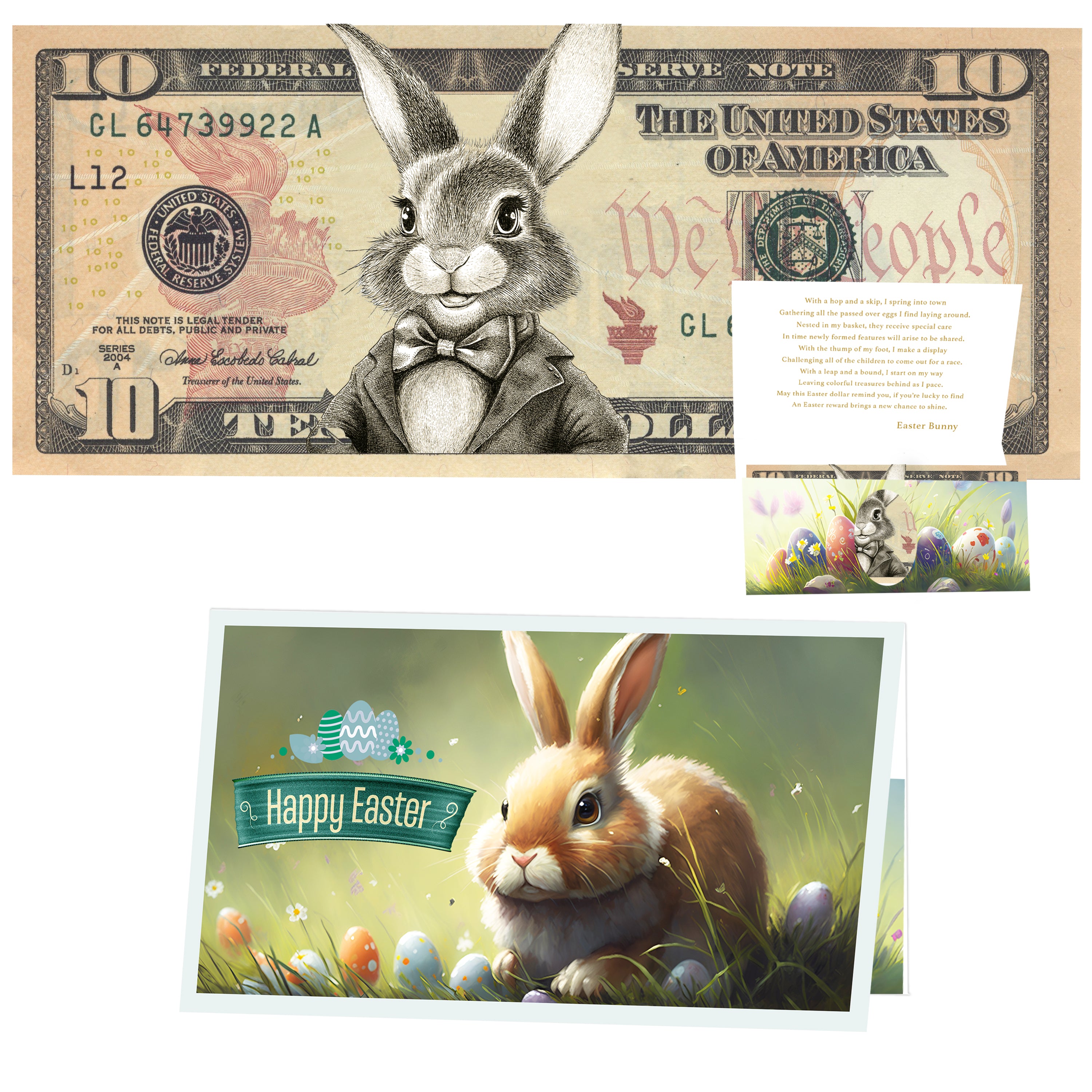 The Official Easter Bunny Dollar Bill with Easter Greeting Card Currency Holder. Real 10.0 USD. Bankable & Spendable. Easter Basket Stuffer/Filler. Bunny Bucks - Bunny Money