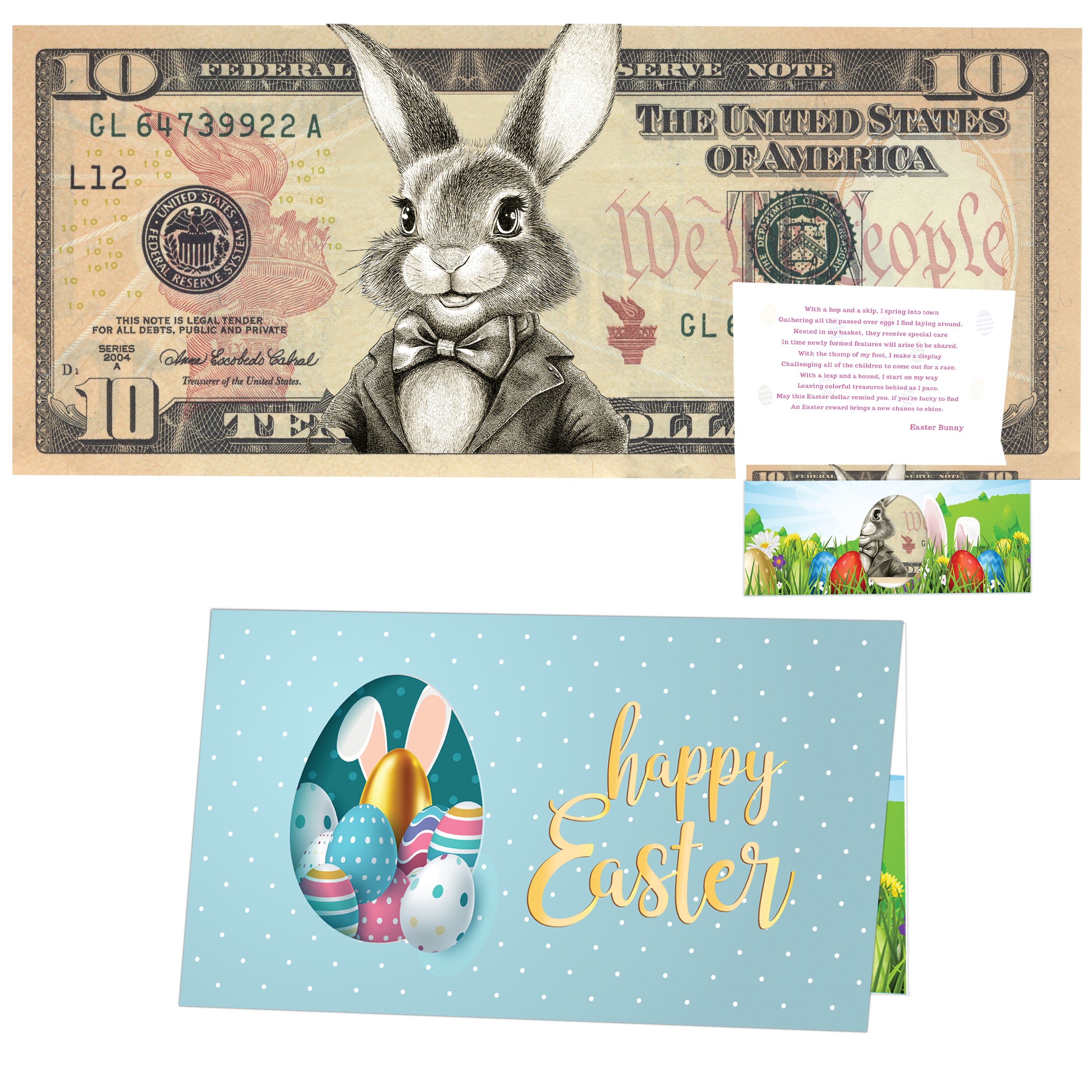 The Official Easter Bunny Dollar Bill with Easter Greeting Card Currency Holder. Real 10.0 USD. Bankable & Spendable. Easter Basket Stuffer/Filler. Bunny Bucks - Bunny Money