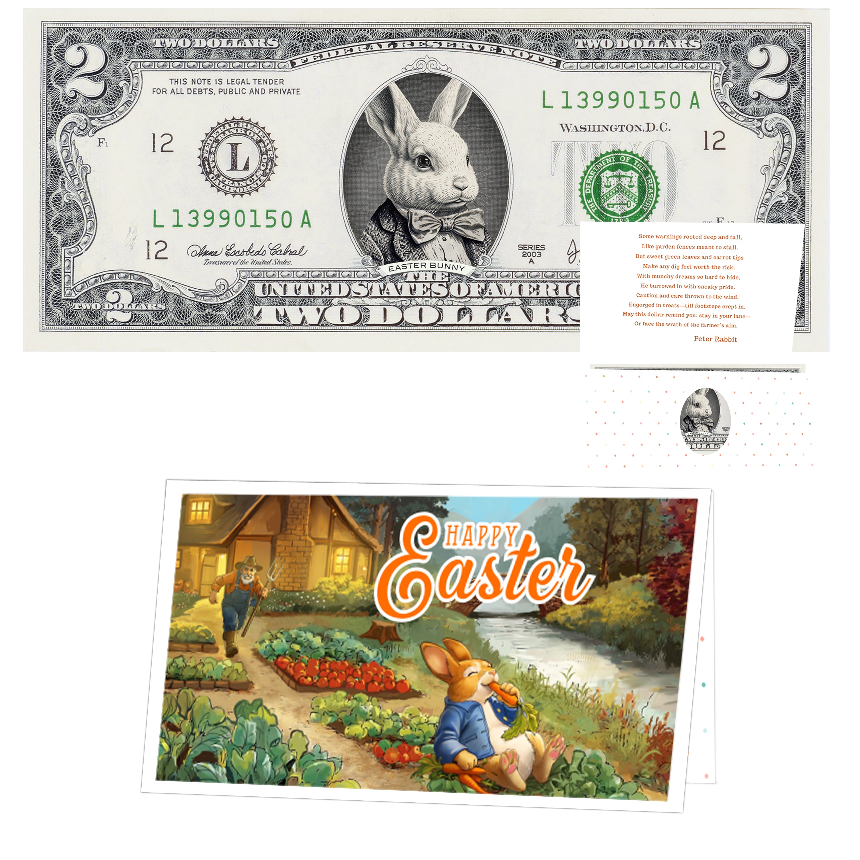 The Official Easter Bunny Dollar Bill. Real 2.0 USD. Each Bill Comes with an Easter Card and Currency Holder. Easter Basket Stuffer/Filler. Bunny Bucks - Bunny Money