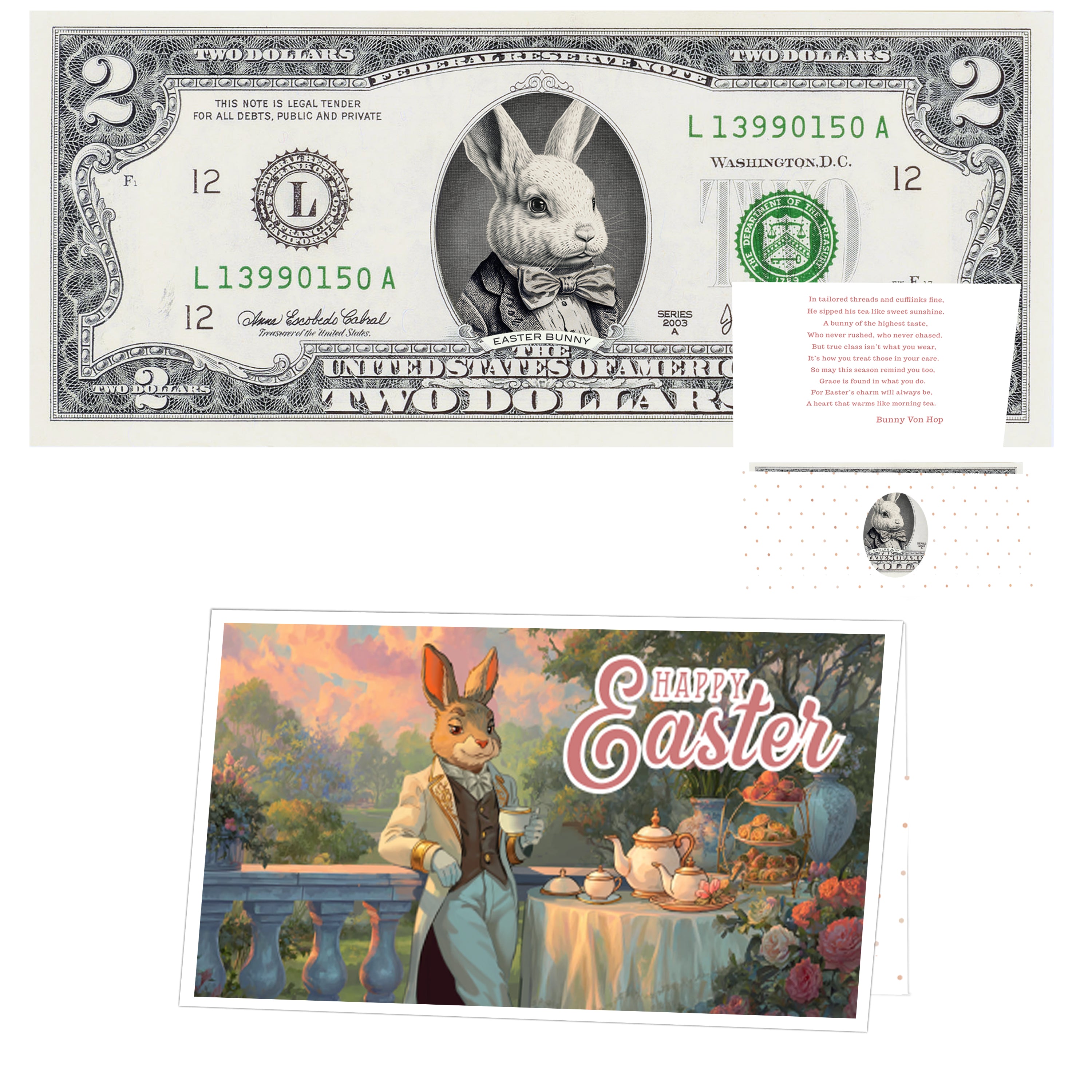 The Official Easter Bunny Dollar Bill. Real 2.0 USD. Each Bill Comes with an Easter Card and Currency Holder. Easter Basket Stuffer/Filler. Bunny Bucks - Bunny Money