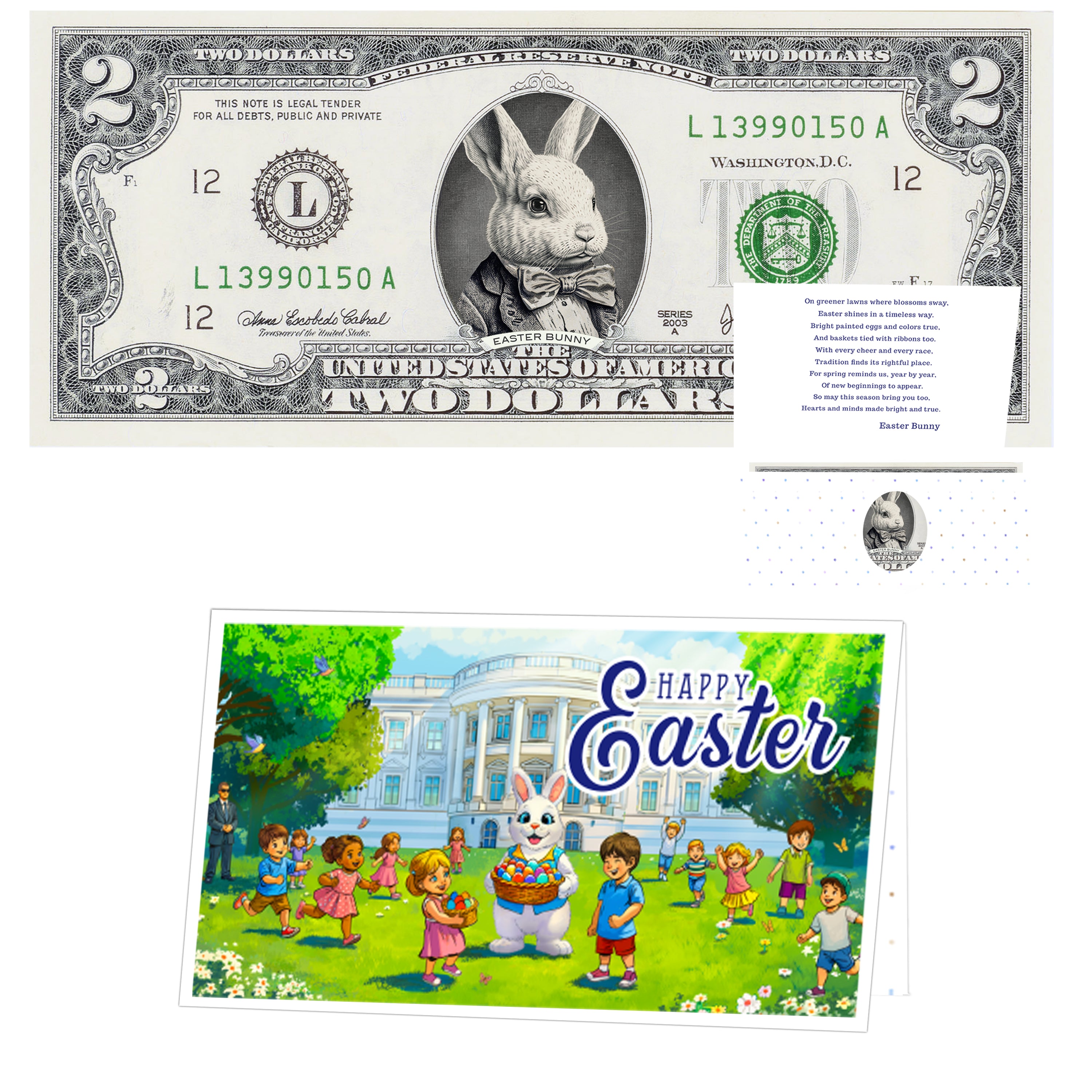 The Official Easter Bunny Dollar Bill. Real 2.0 USD. Each Bill Comes with an Easter Card and Currency Holder. Easter Basket Stuffer/Filler. Bunny Bucks - Bunny Money