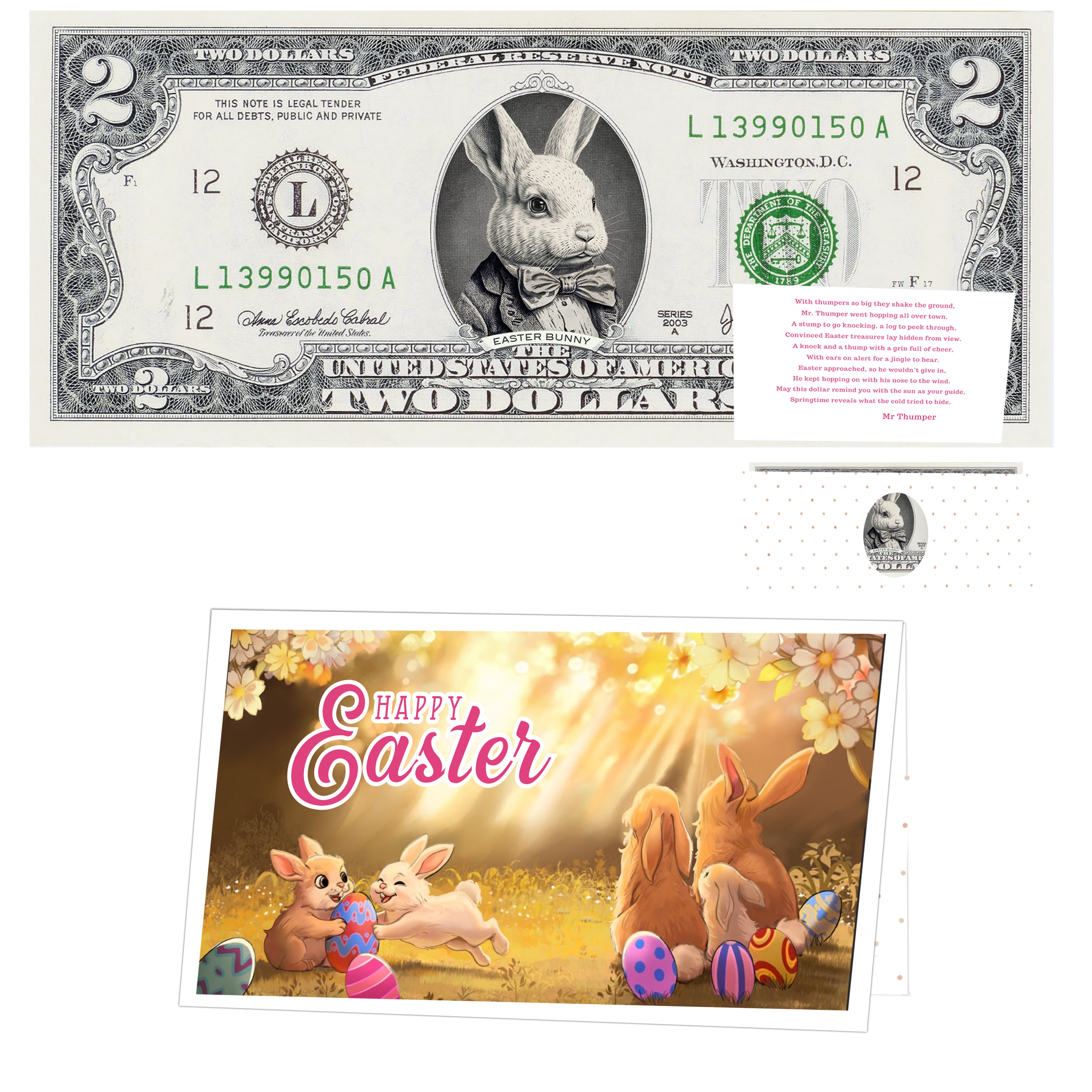 The Official Easter Bunny Dollar Bill. Real 2.0 USD. Each Bill Comes with an Easter Card and Currency Holder. Easter Basket Stuffer/Filler. Bunny Bucks - Bunny Money
