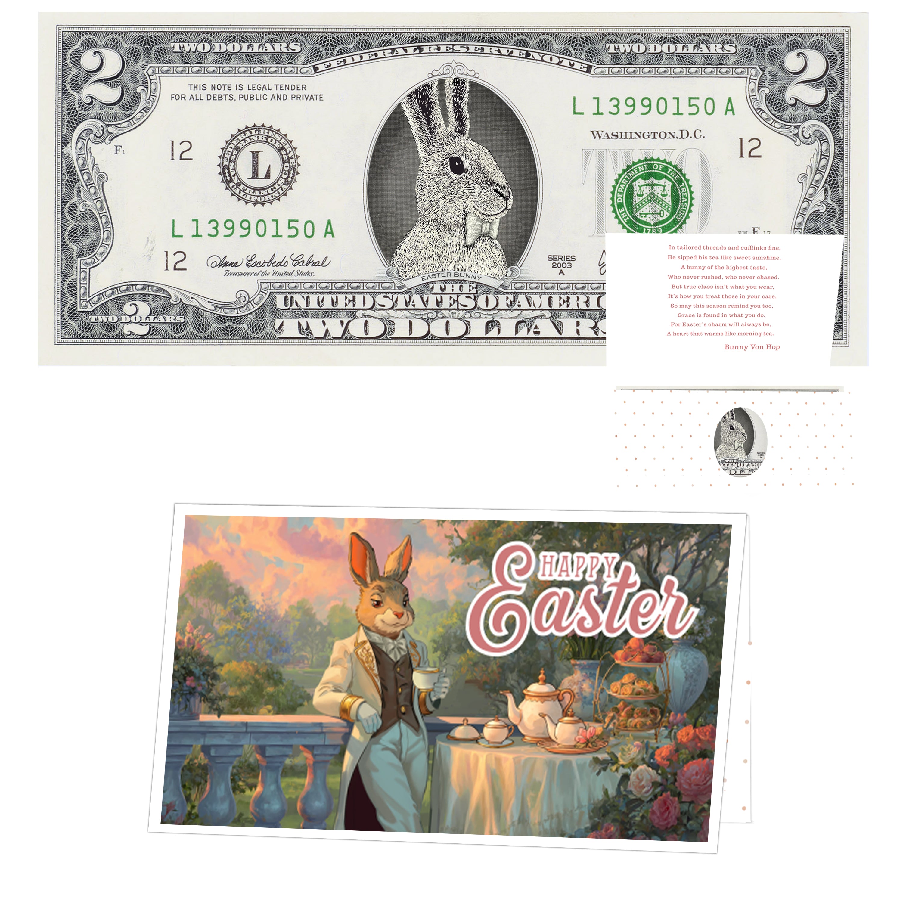 The Official Easter Bunny Dollar Bill. Real 2.0 USD. Each Bill Comes with an Easter Card and Currency Holder. Easter Basket Stuffer/Filler. Bunny Bucks - Bunny Money