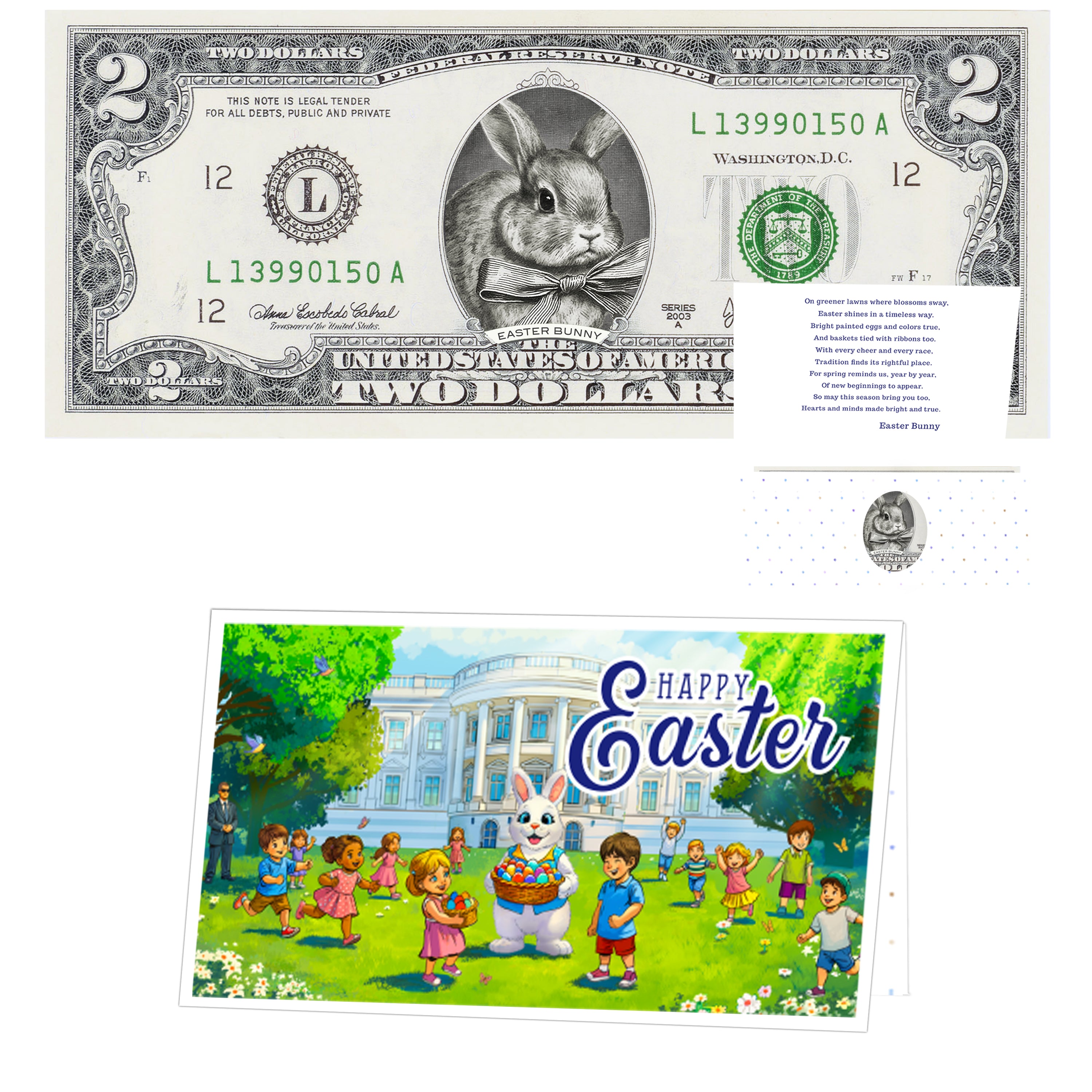 The Official Easter Bunny Dollar Bill. Real 2.0 USD. Each Bill Comes with an Easter Card and Currency Holder. Easter Basket Stuffer/Filler. Bunny Bucks - Bunny Money