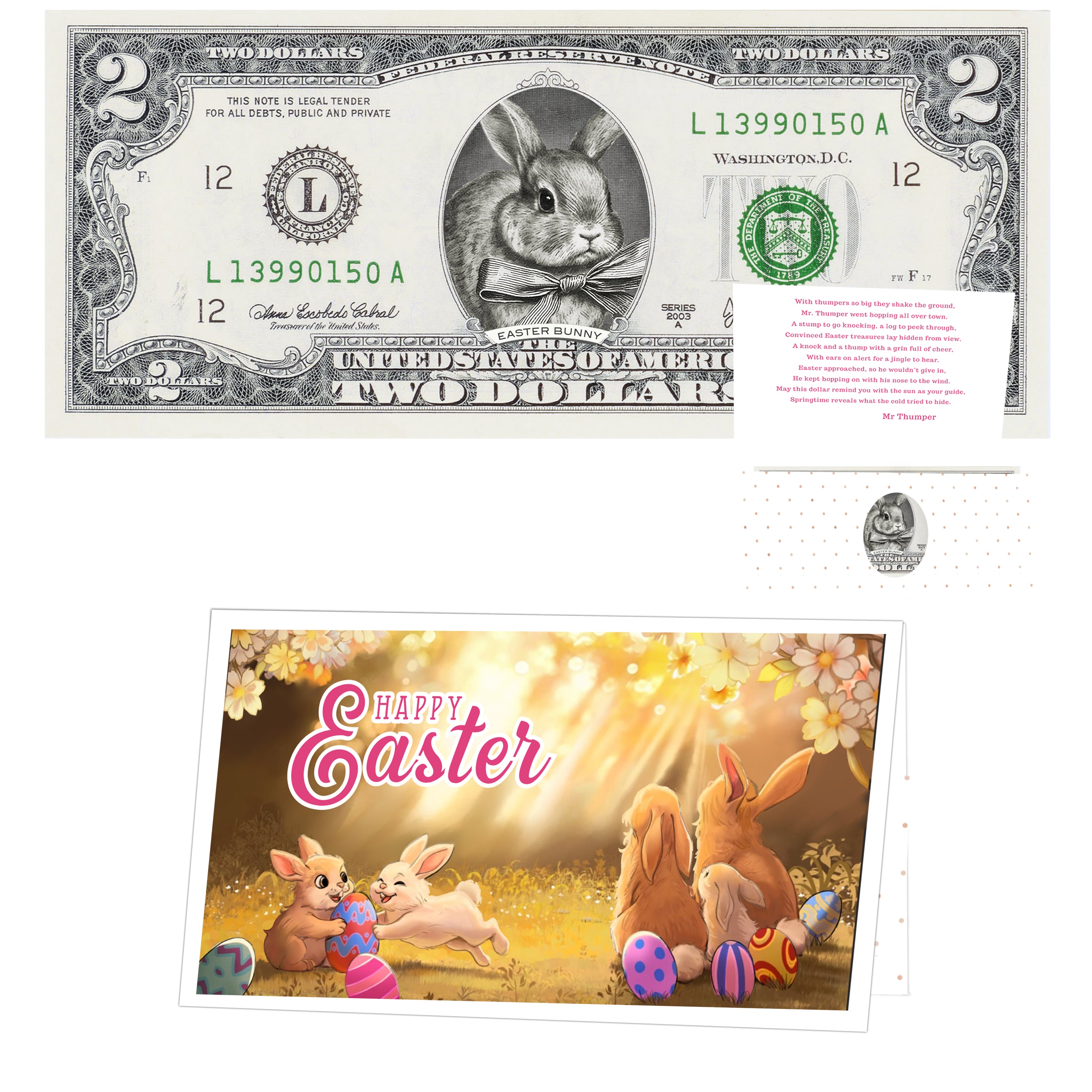 The Official Easter Bunny Dollar Bill. Real 2.0 USD. Each Bill Comes with an Easter Card and Currency Holder. Easter Basket Stuffer/Filler. Bunny Bucks - Bunny Money
