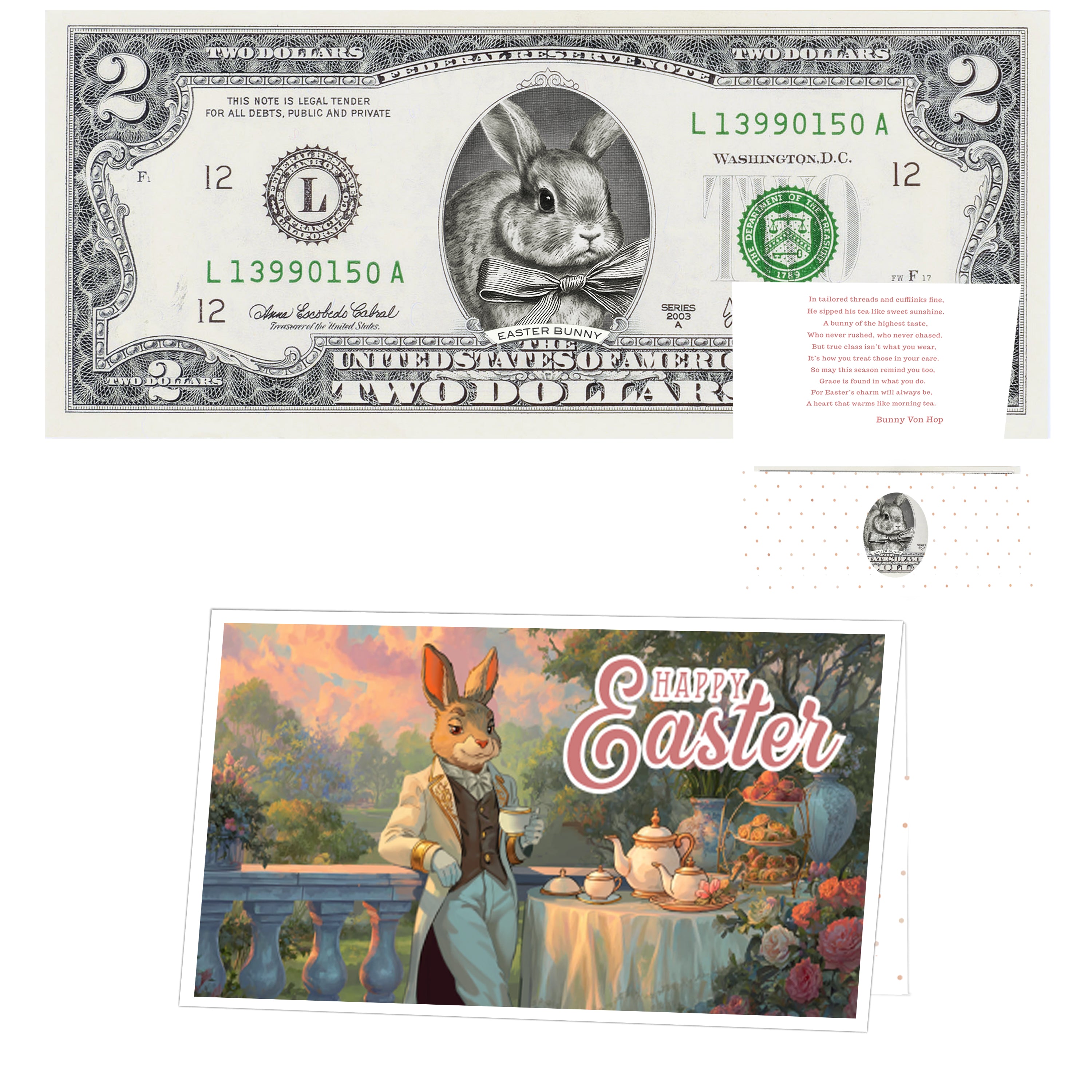 The Official Easter Bunny Dollar Bill. Real 2.0 USD. Each Bill Comes with an Easter Card and Currency Holder. Easter Basket Stuffer/Filler. Bunny Bucks - Bunny Money