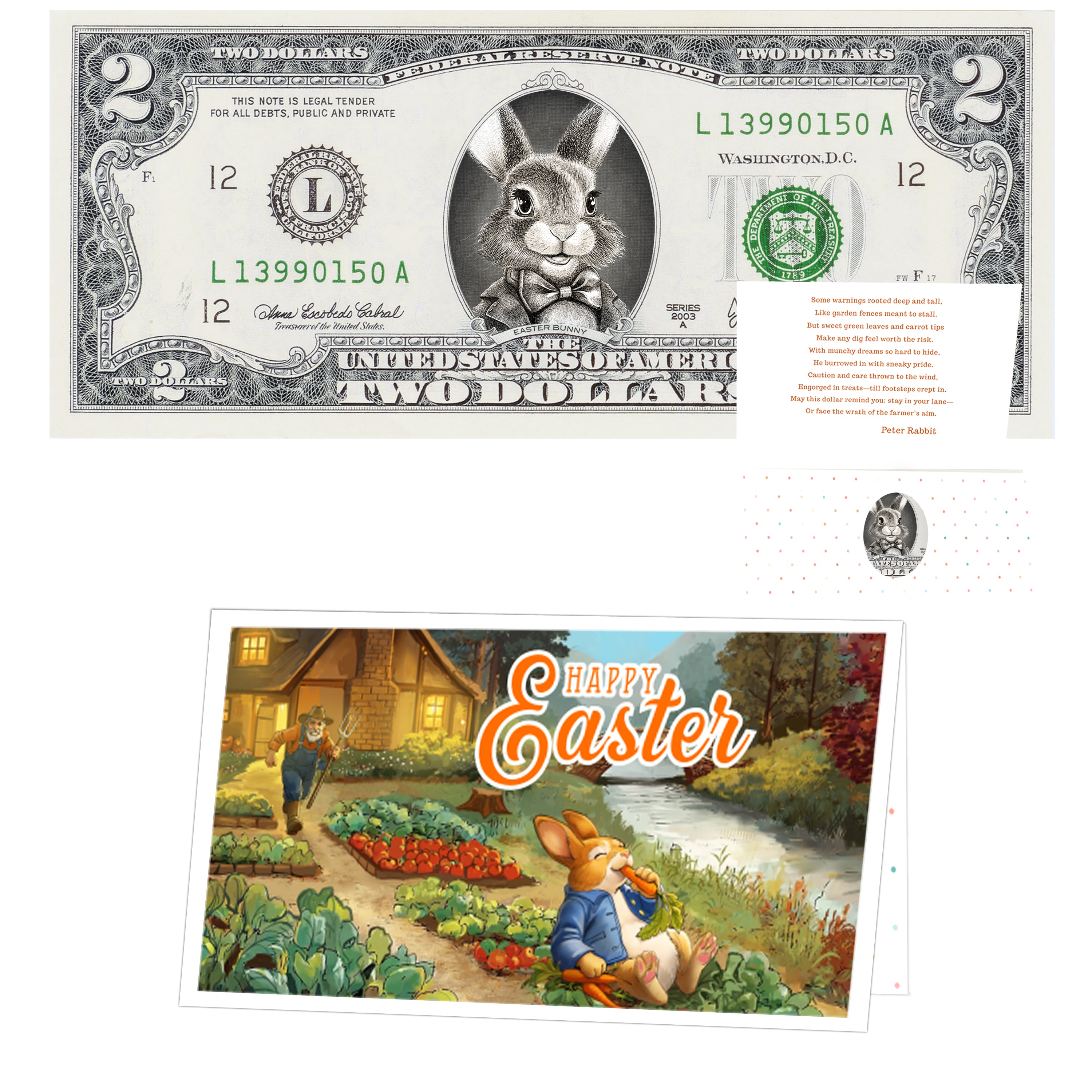 The Official Easter Bunny Dollar Bill. Real 2.0 USD. Each Bill Comes with an Easter Card and Currency Holder. Easter Basket Stuffer/Filler. Bunny Bucks - Bunny Money