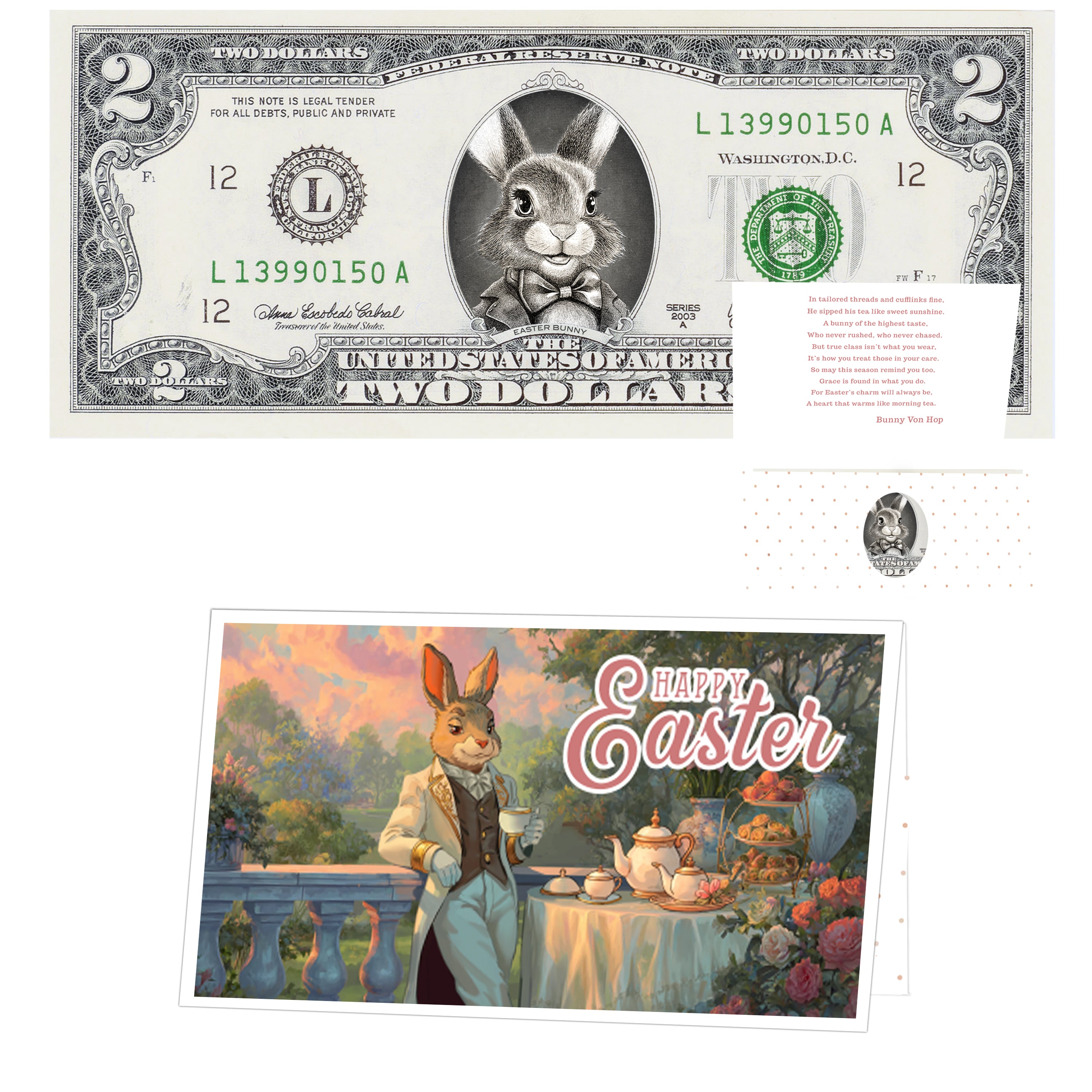The Official Easter Bunny Dollar Bill. Real 2.0 USD. Each Bill Comes with an Easter Card and Currency Holder. Easter Basket Stuffer/Filler. Bunny Bucks - Bunny Money
