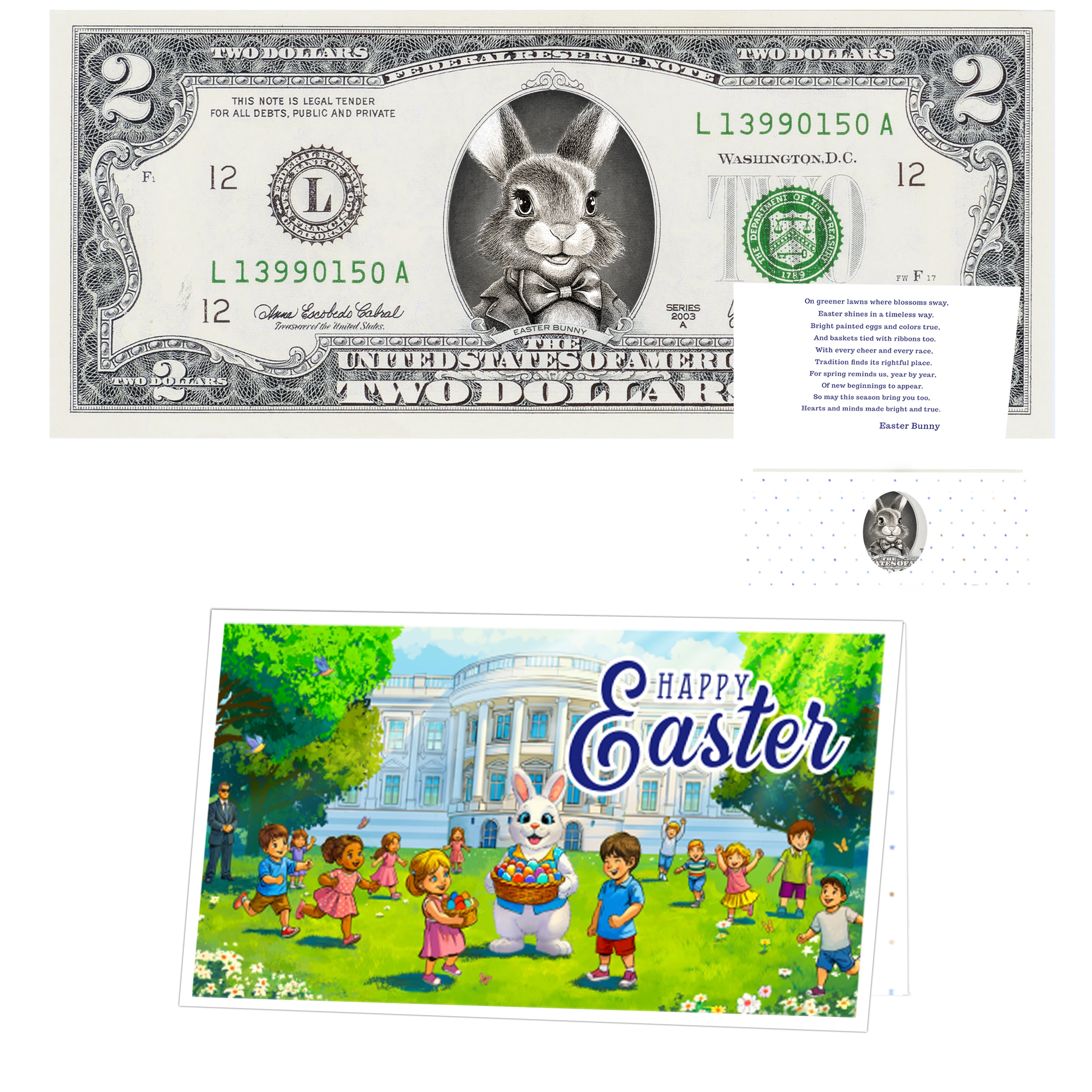 The Official Easter Bunny Dollar Bill. Real 2.0 USD. Each Bill Comes with an Easter Card and Currency Holder. Easter Basket Stuffer/Filler. Bunny Bucks - Bunny Money
