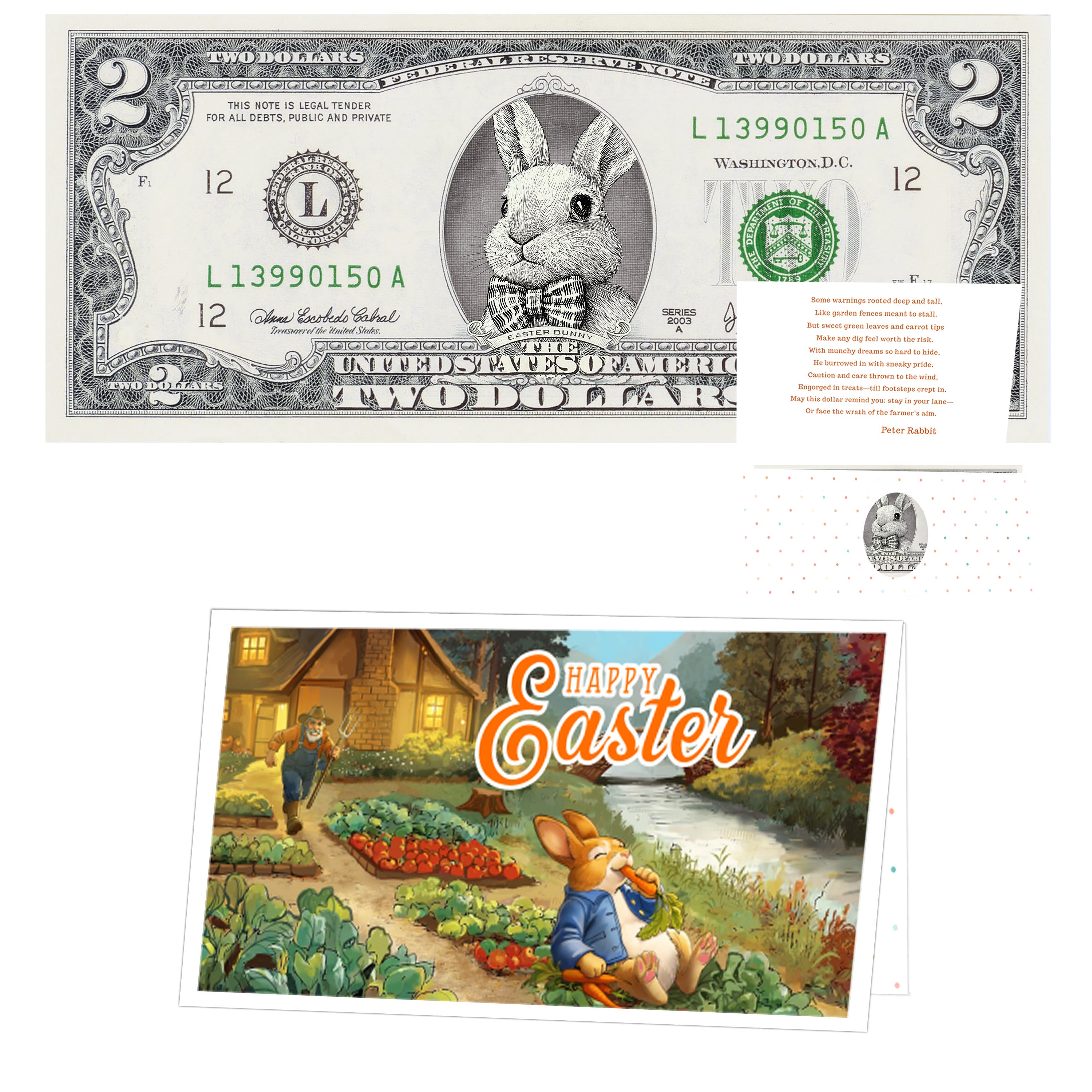 The Official Easter Bunny Dollar Bill. Real 2.0 USD. Each Bill Comes with an Easter Card and Currency Holder. Easter Basket Stuffer/Filler. Bunny Bucks - Bunny Money