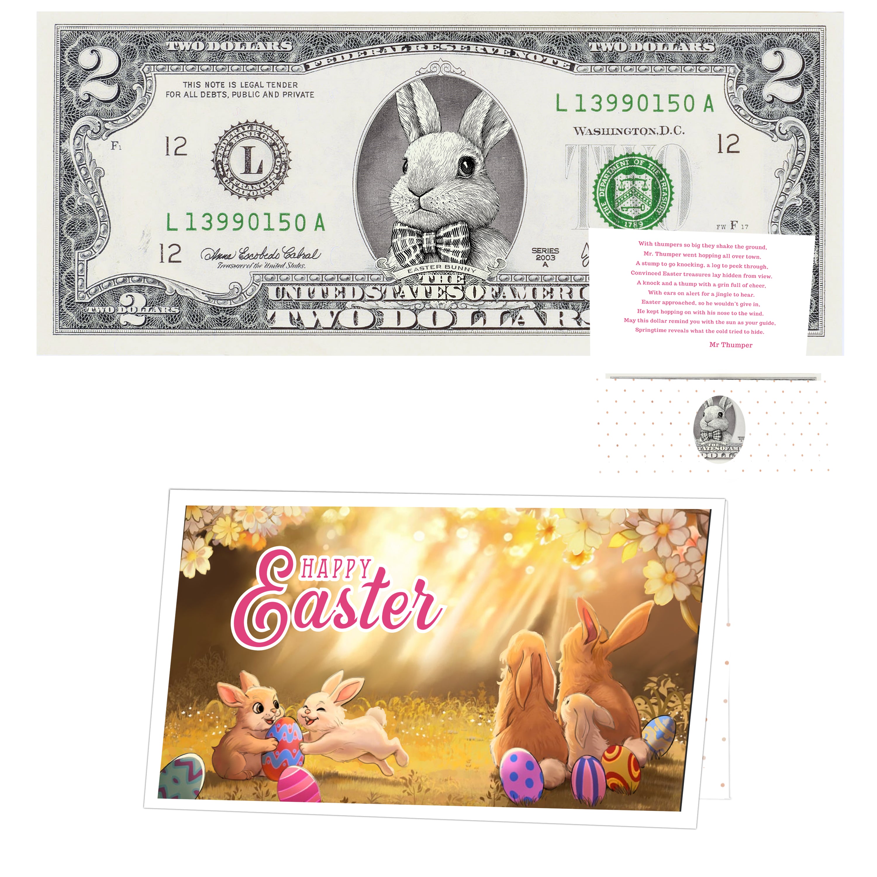 The Official Easter Bunny Dollar Bill. Real 2.0 USD. Each Bill Comes with an Easter Card and Currency Holder. Easter Basket Stuffer/Filler. Bunny Bucks - Bunny Money