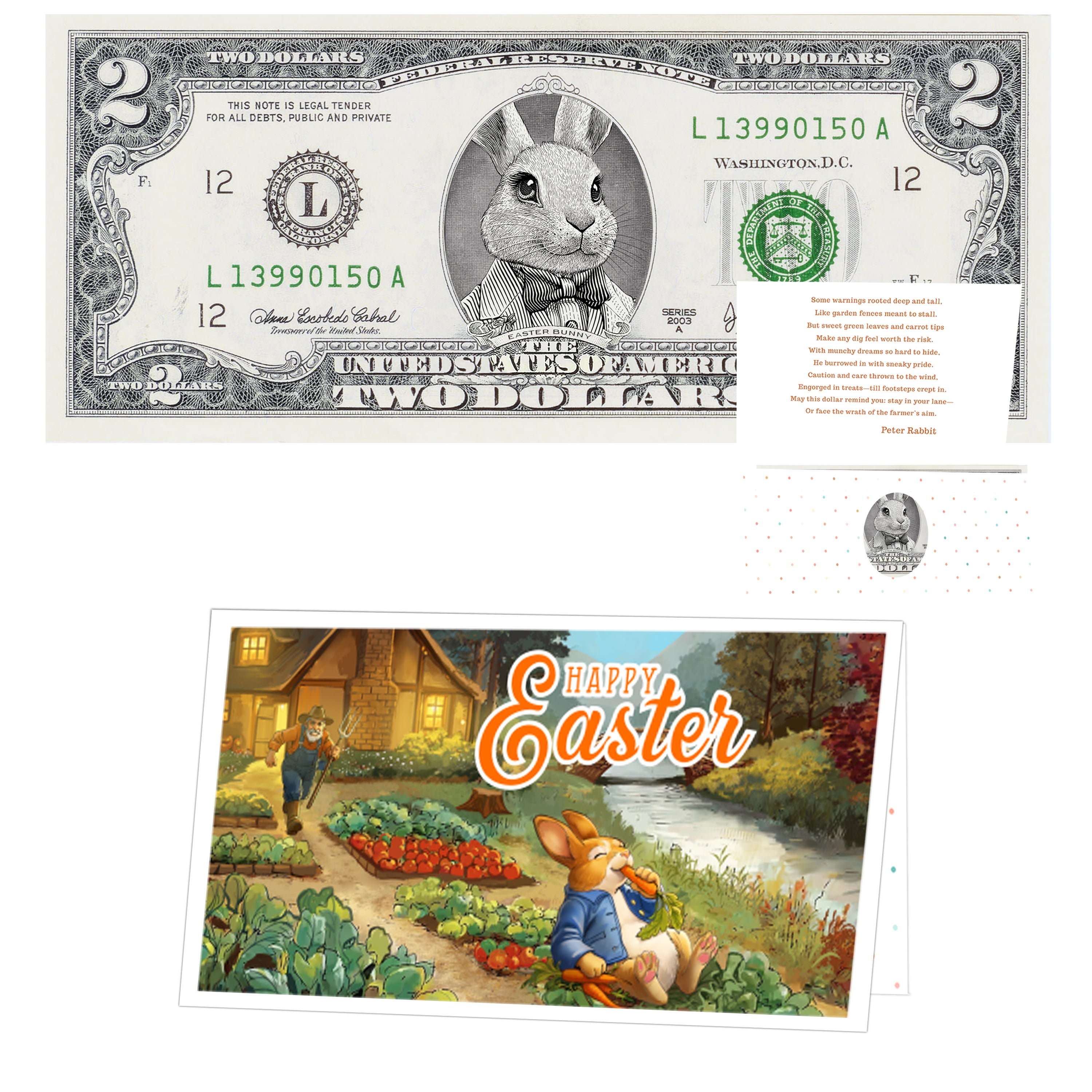 The Official Easter Bunny Dollar Bill. Real 2.0 USD. Each Bill Comes with an Easter Card and Currency Holder. Easter Basket Stuffer/Filler. Bunny Bucks - Bunny Money
