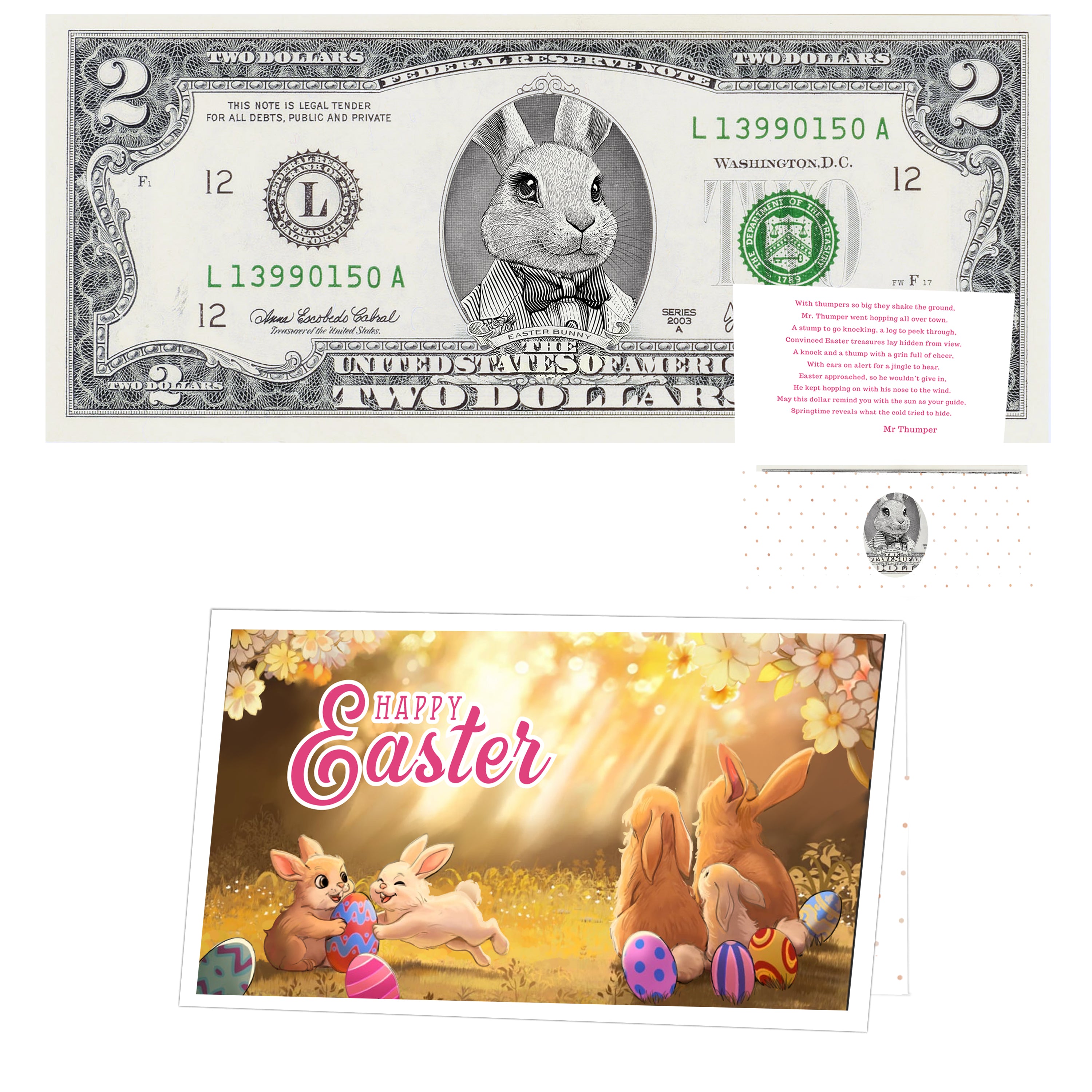 The Official Easter Bunny Dollar Bill. Real 2.0 USD. Each Bill Comes with an Easter Card and Currency Holder. Easter Basket Stuffer/Filler. Bunny Bucks - Bunny Money